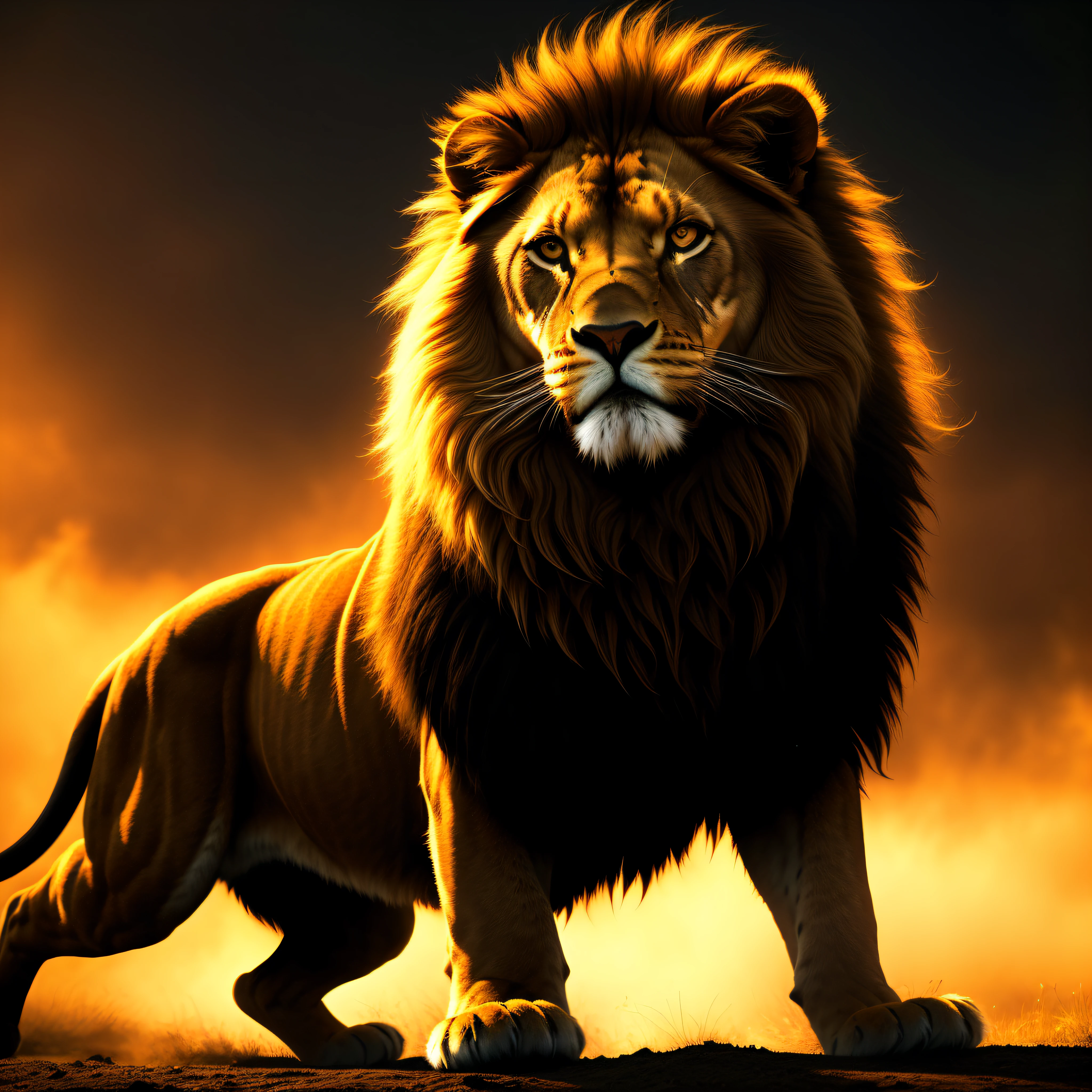 ultra wide angle, in focus, dark epic background, gorgeous lifelike, moody golden fur design, dynamic pose of a lion, the full and whole body, full length shot, hyper details, lighting art, cinematic, insane details, intricate details, hyperdetailed, goth, fractal, dark shot