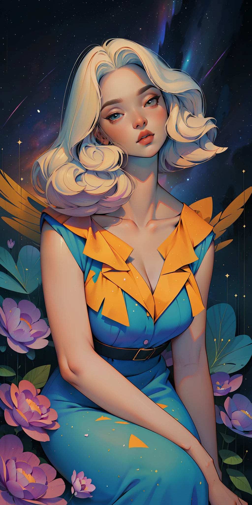 a goddess, A glorious sunrise, aura, glow, multi-colored bright aurora borealis, Spectrum Rainbow,Colored Mother-of-Pearl Angel Wings, feathers, In a chic, lavender white mint hair, pastel, mixed-language_SMS, (beautiful and clear background:1.2),, fantastic paintings , olhos altamente detalhados, crystals, outer space, galaxy, Gorgeous hair, Background Flora Peony, poppy, hydrangea, Plants. Loving. Love. ultra detailed hair, Best Quality, hig quality, highly resolution, detail enhancement, ((most beautiful image in the world)), Masterpiece, Best Quality, High Quality Detail Enhancement, ((most beautiful image ), Shiny hair, ultra chic polka dot dress, Print, Stampa Flores, art by stjepan sejic, art by j scott campbell, art by guillem march, art by citemer liu, 4k, highly resolution, comic book character, comic, high quality detailed, style of ::2.0 comix illustration style,tatoon style, hig quality, highly resolution, detail enhancement, 8K, HD, Best Quality, hig quality, highly resolution, detail enhancement, 8K, HDR, Sharp focus, Ultra Detailed, perfect illumination, Curvy Body, Lush breasts, Curvy hips, Sits, sparks, Stars, The Cycle of the Stars