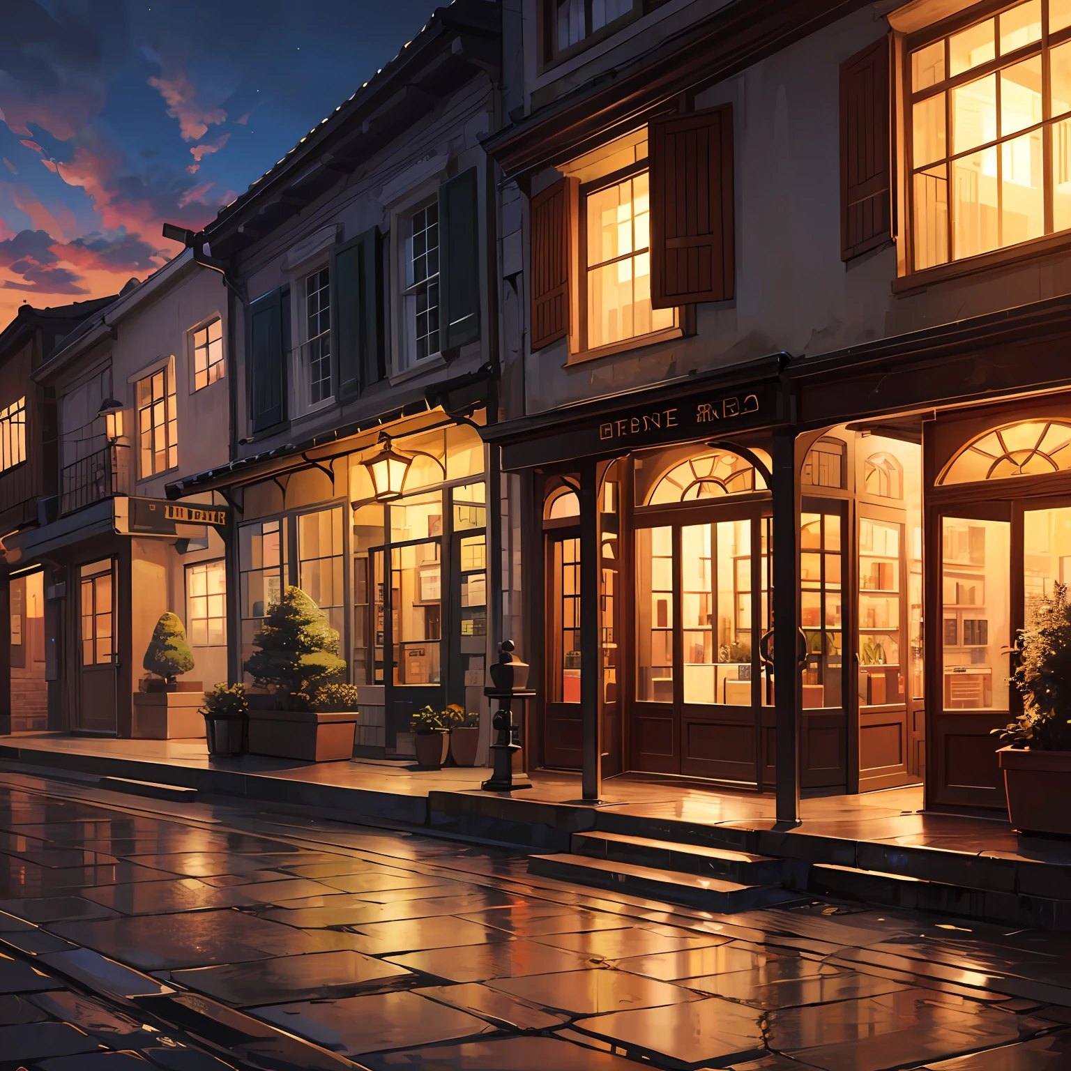 a lonely cobblestone street with a business selling electrical appliances, a lantern, on a cliff over the sea at sunset, artstation, colorful maurice noble concept art, by peter chan --auto
