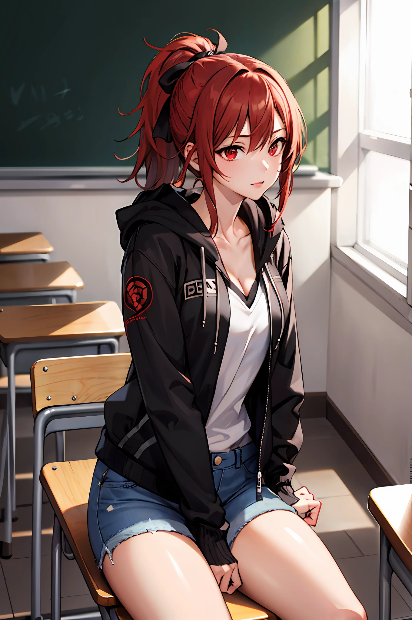 (masterpiece:1.2, best quality), 1lady, solo, black hoodie jacket, black tight short jeans, classroom, day, sit, red hair, ponytail, red eyes