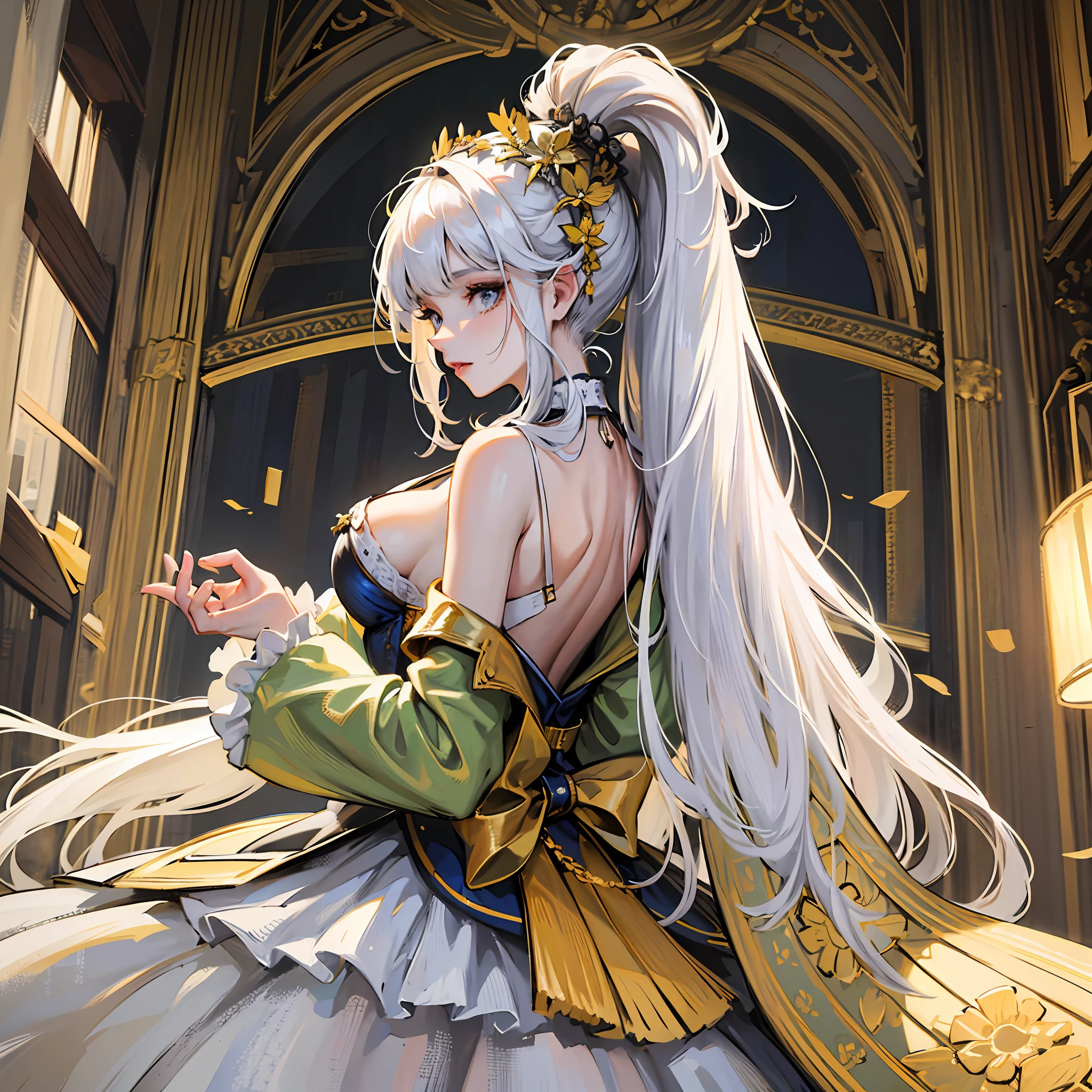 "Baroque elegance at its finest - a mature woman with absurdly high detail and resolution, her long white hair cascading down her back. Dressed in a long-sleeved, colorful, Baroque-style long dress, the highest level of detail captures the artistry and beauty of the upper body. (absurdres, highres, ultra-detailed), 1girl, solo".