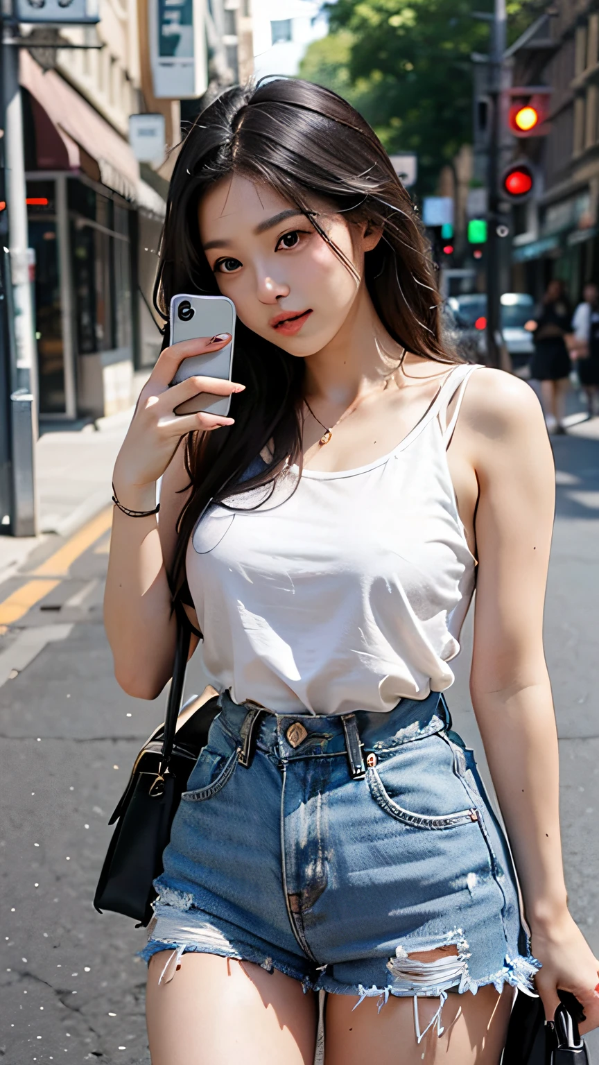 Beautiful woman, fiddling with cell phone in the middle of the street, short clothes