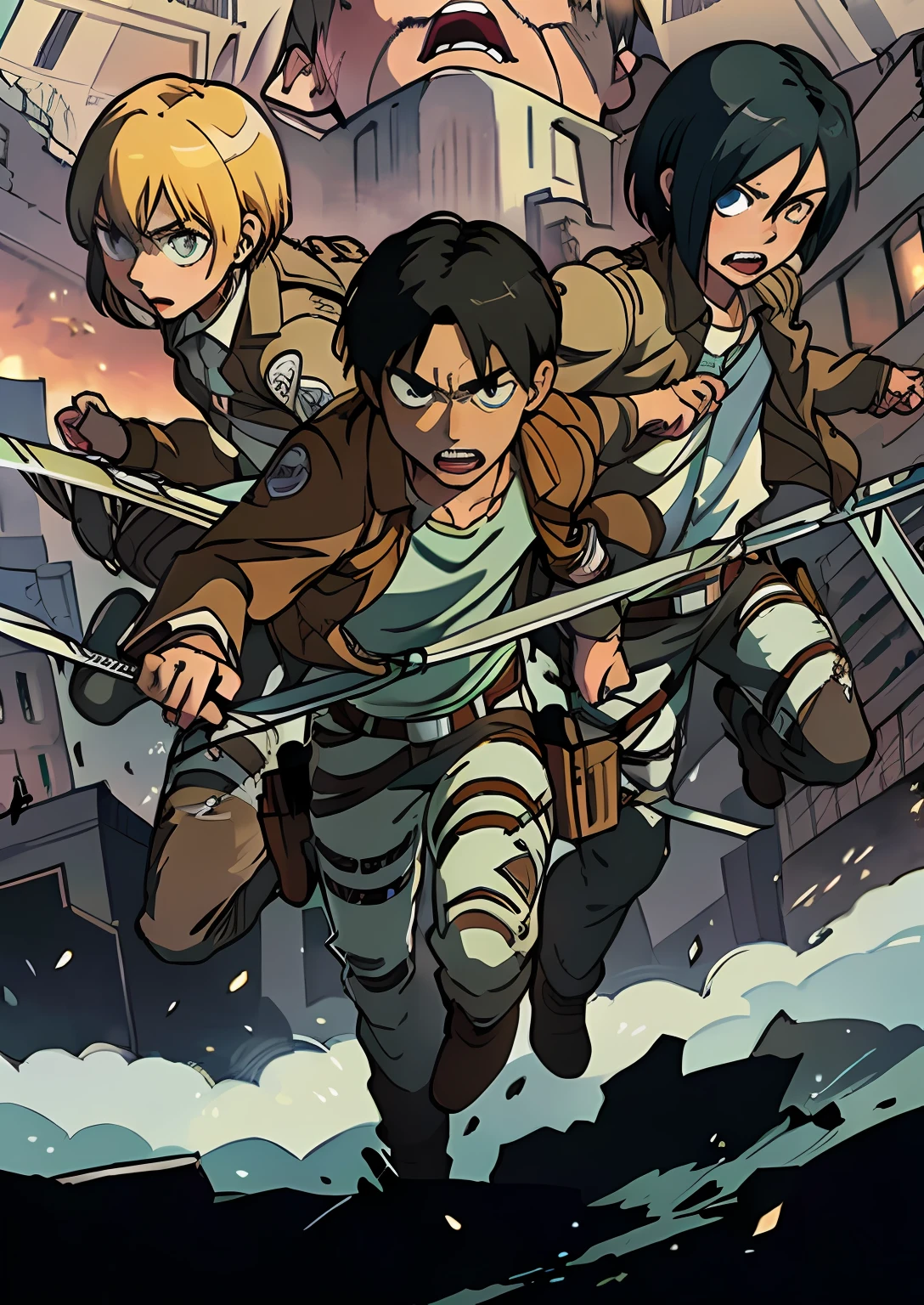 flat anime style, faces of, eren yeager, mikasa ackerman, armin arlert, from attack on titan, shingeki no kyojin, attack on titan key visual