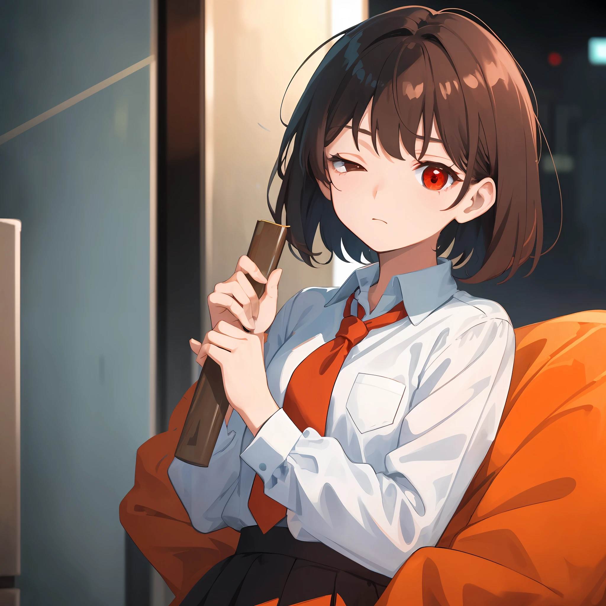 A young girl in a school uniform,Brownish red hair,Orange-red eyes,Turn a blind eye,The expression is cold,One of the open eyes stares at you coldly,The eyes are sharp and terrifying