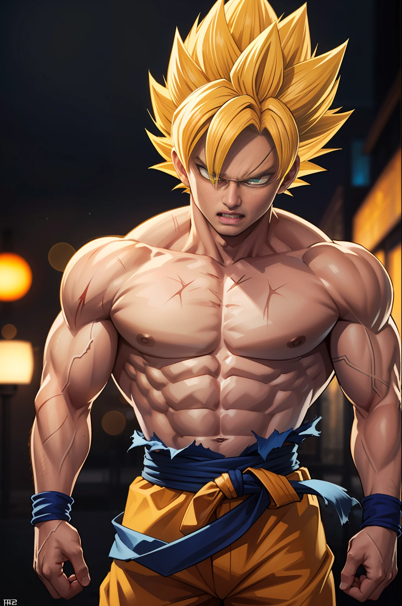 (masterpiece, best quality), intricate details, 8k, artstation, wallpaper, official art, splash art, storm in background, sharp focus, 1boy, (photorealistic:1.2) (bokeh) (best quality) (detailed skin:1.3) (intricate details) (8k) (detailed eyes) (sharp focus) a cat as son goku, angry, battle damage, blonde hair, blue sash, clenched teeth, furious, green eyes, male focus, muscular, muscular male, pectorals, sash, solo, spiked hair, super saiyan, super saiyan 1, teeth, topless male, torn clothes, wristband,