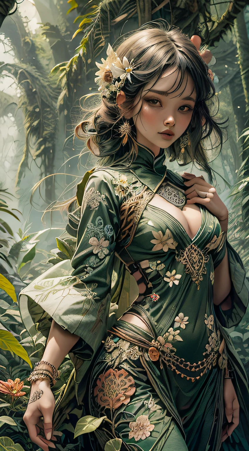 1sexy girl with forest clothes, flowers, leaves, mandalas, fractal, full female body,