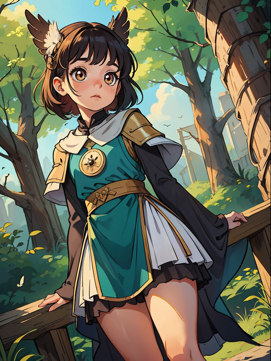 a girl child a young small and cute child she is half owl half human a hybrid a child with owl traits by the body as a humanoid owl child with medieval costumes and some feathers by the body character for medieval RPG style dnd