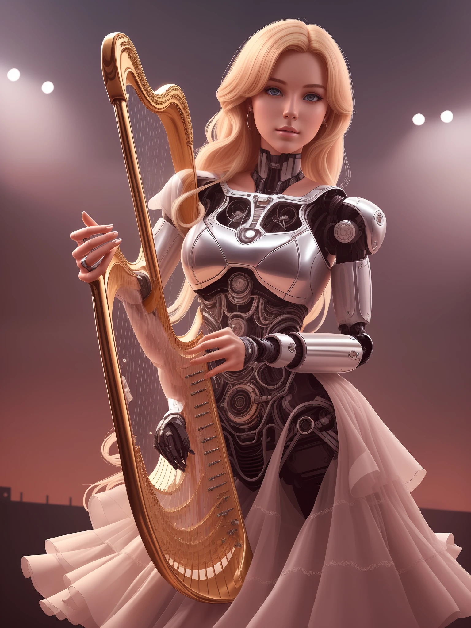 a beautiful 25-year-old blonde female robot in an airy concert designer dress on stage plays a harp, a detailed drawn face and hands of an android woman:: hyperrealism::1 concertlighting::1 8K, --auto --s2