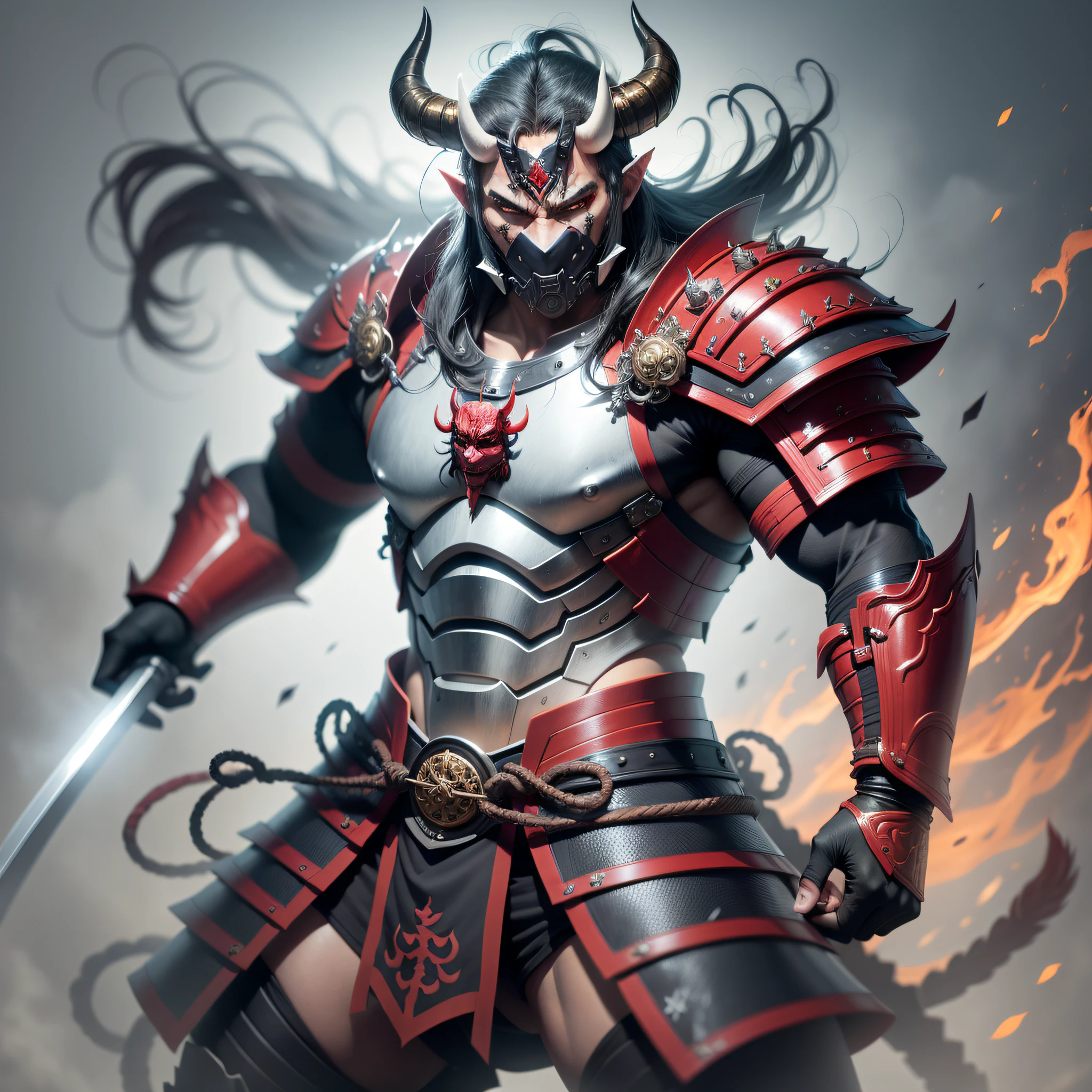 samurai demon with horns and a sword, oni mask, demon samurai, demon samurai warrior, demonic dragon inspired armor, fit male demon with white horns, demon armor, black bull samurai, hyperdetailed fantasy character, samurai with demon mask, cyborg samurai, 4k, 8k