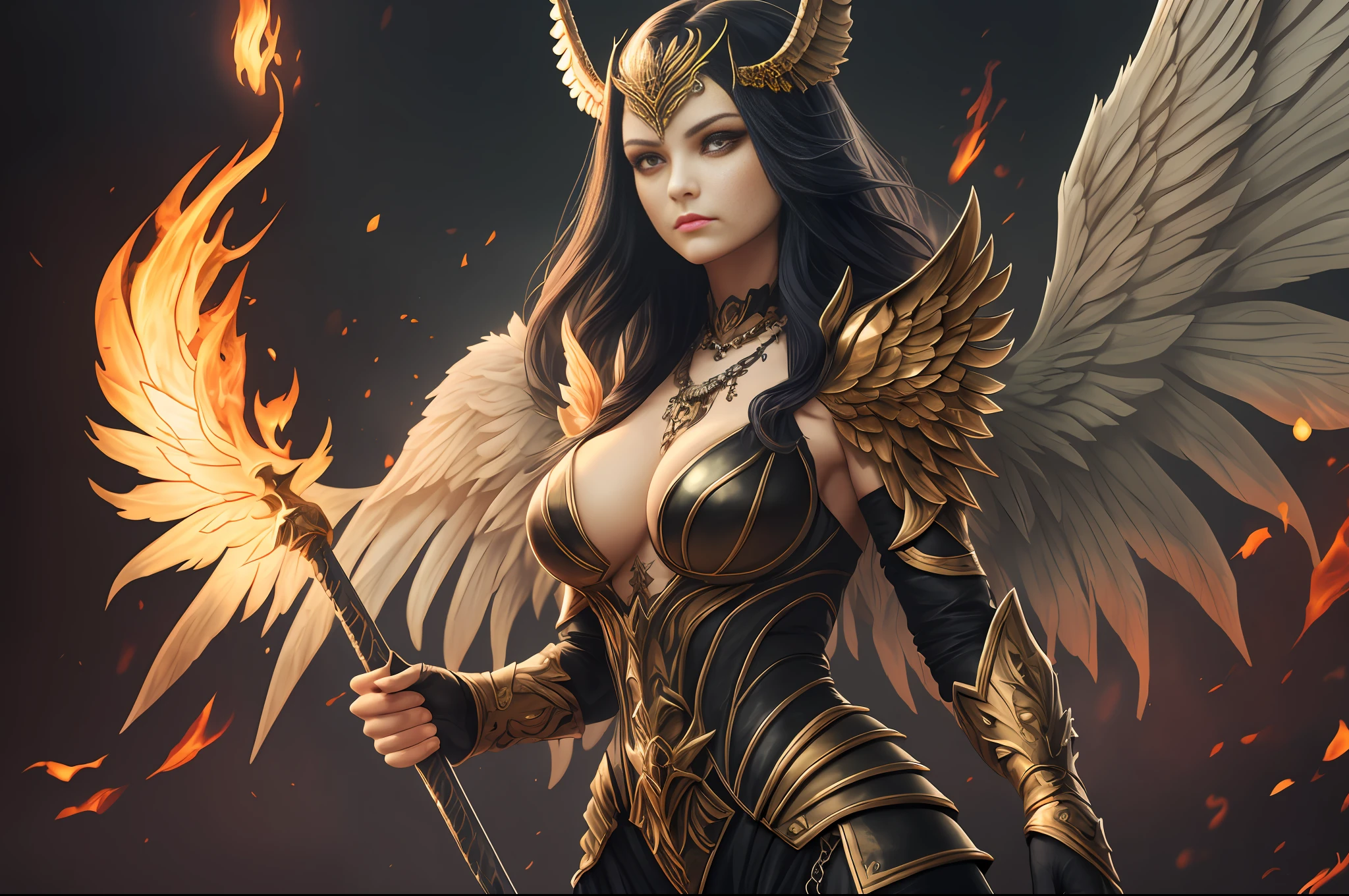 (extremely detailed CG unity 8k wallpaper,masterpiece, best quality, ultra-detailed, beautiful detailed eyes:1.2),best illumination, (best shadow, an extremely delicate and beautiful, bloom), dark angel, 1gril,solo,red eyes,Heavy armor,long hair,holding sword,black wings with golden edge,red jewelry,(huge wings:1.4),Film filter,Satan, Hellfire,full body,demon,flame,Tattoo,lucifer, ultimate_beautiful_g