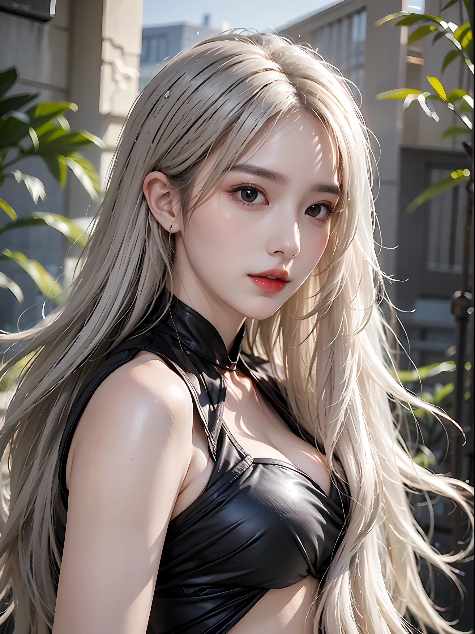 photorealistic, high resolution, 1 girl, white long hair, black eyes, normal , dress