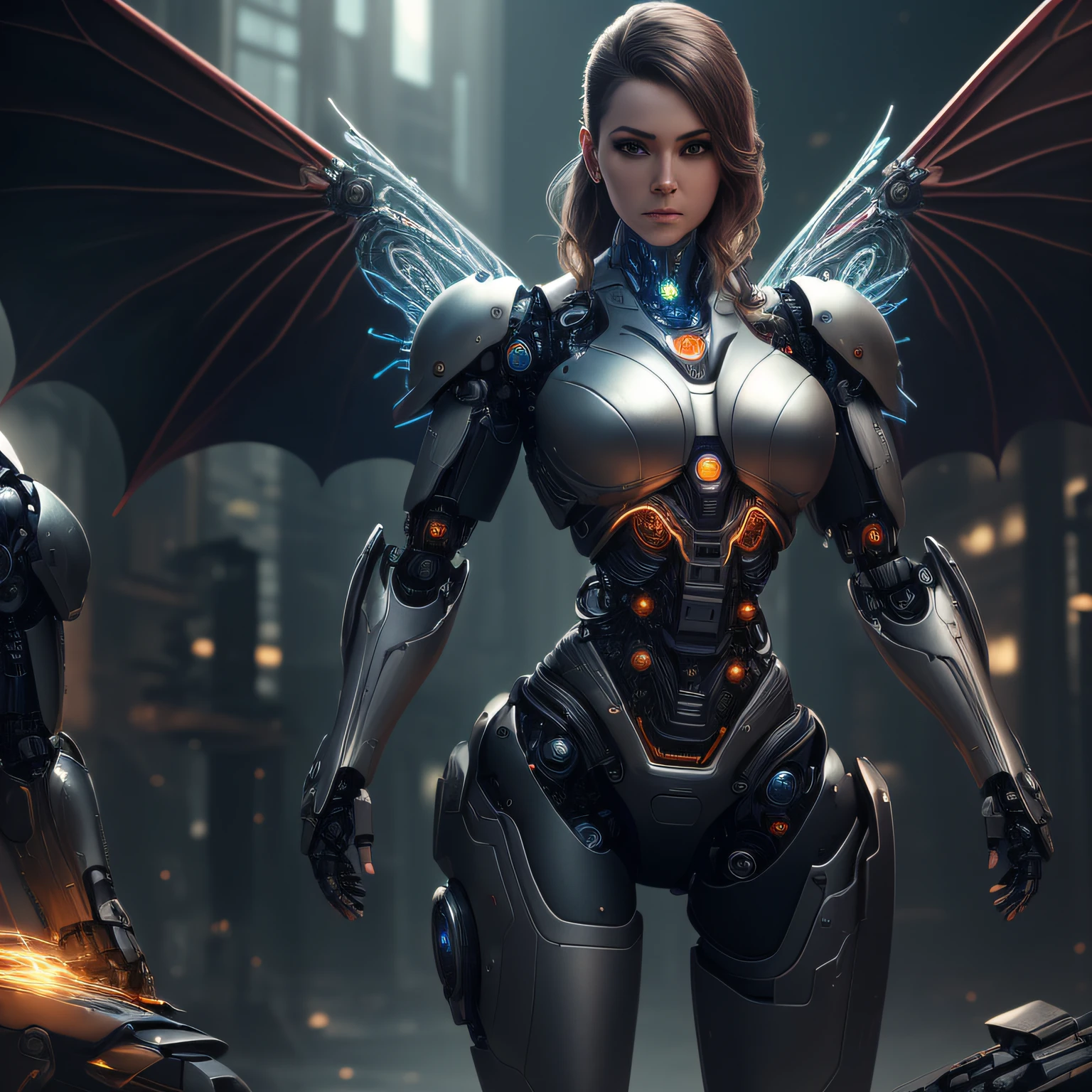 character sheet, complex 3d render (( ultra detailed of a Warrior young woman hero. fighting against a cyborg dragon in a fairy city full of fantastic creatures.)) ((android full body, masterpiece photo, cyborg, robotic parts, fighting against cyborg robotic tiger)) soft light, rim light, vibrant details, luxurious cyberpunk, lace, hyper realistic, anatomical, facial muscles, cable electric wires, microchip, elegant, beautiful background, octane render, h.r. giger style., masterpiece, best quality, high quality, highres, amazing lighting, detail enhancement, most beautiful image in the world, 8k resolution, awe inspiring, hd --auto