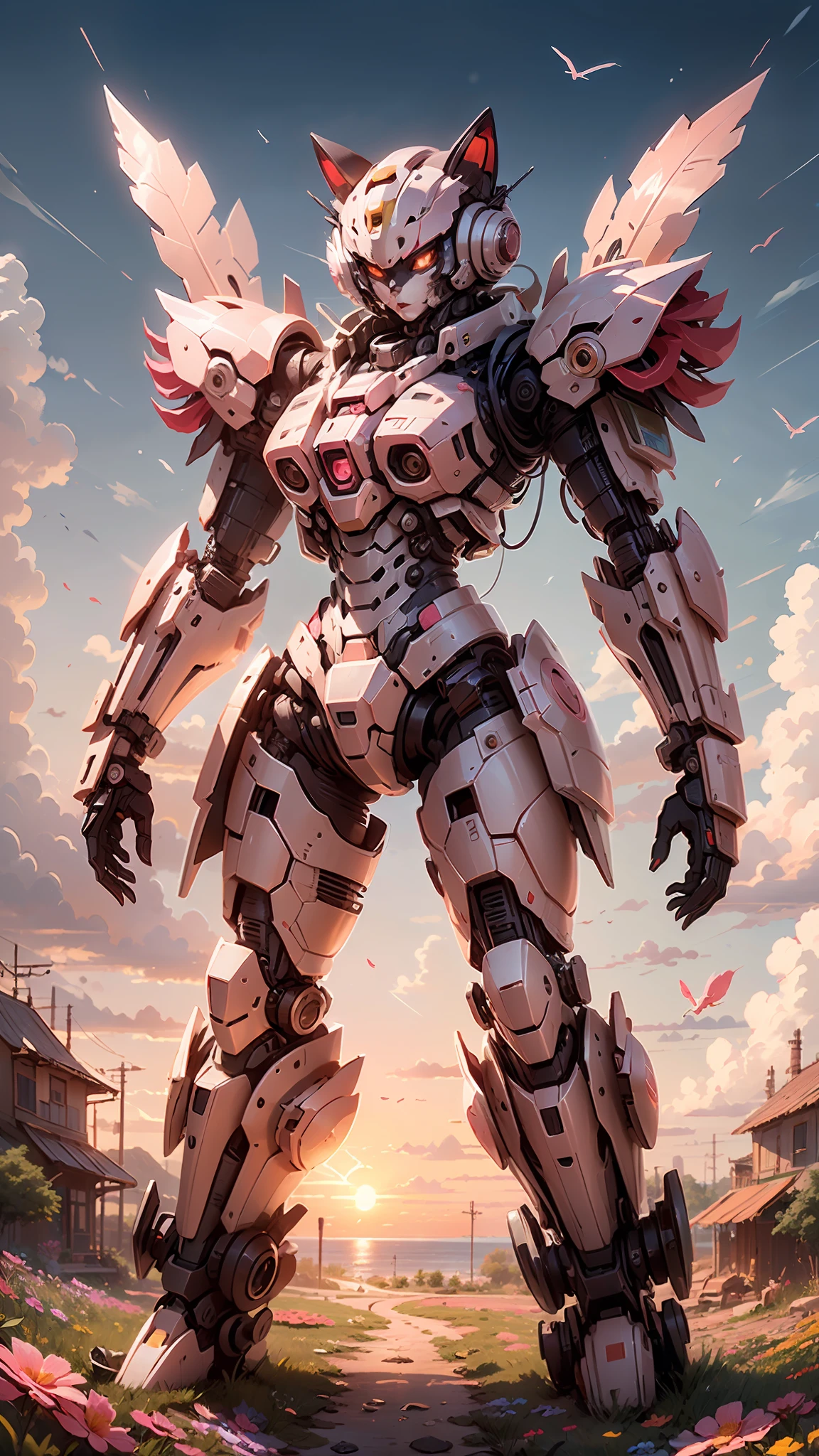 White pink puppet cat armor，Beautiful details，Complete set，Luxury equipment，Mecha is beautiful，Soar 5 km in the air，（Psychedelic flower backdrop），The sunset is bright, and the detailed colors make the picture more vivid。