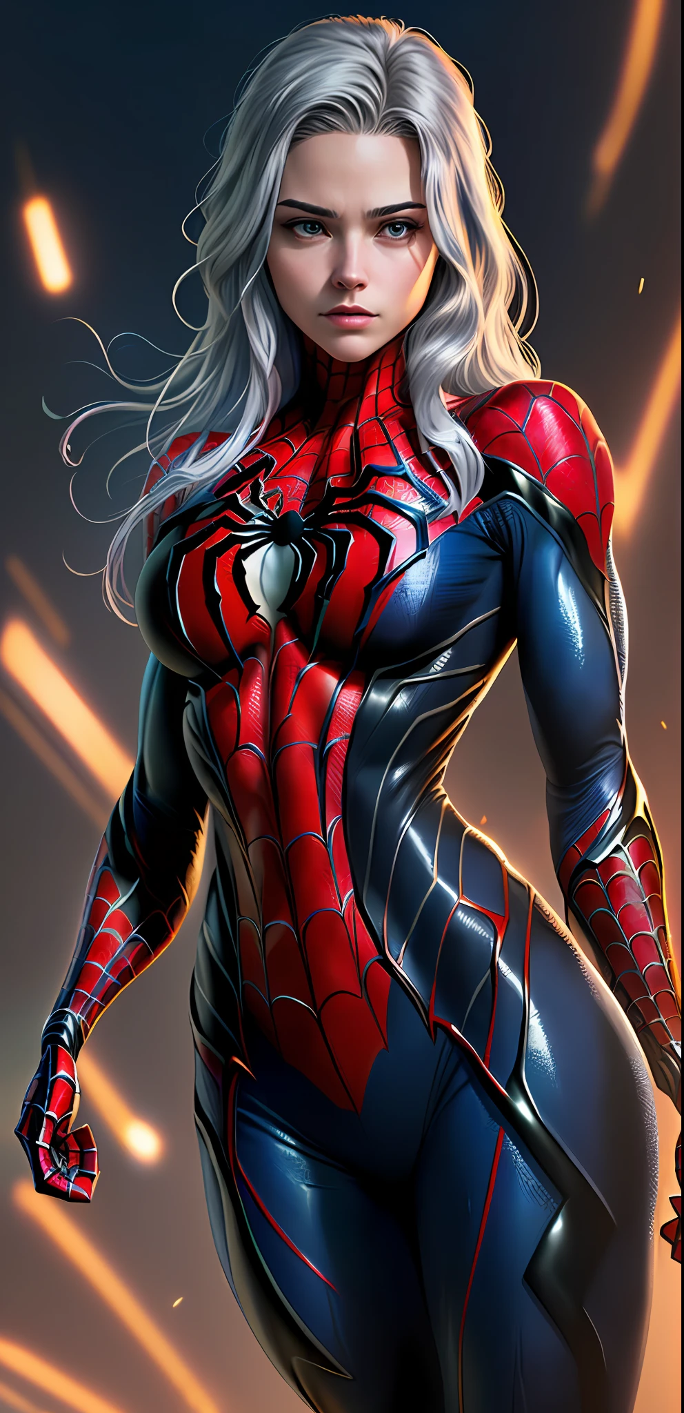 Masterpiece, best quality, (CG 8k wallpaper very detailed), (best quality), (best illustration,(ultra realistic),a beautiful girl, (cracked muscular body),large and wide breasts,masterpiece, ultra high resolution, high quality, high lighting, intricate details, (realistic),(using spider man's Venom trave)), (gray hair and blue locks),