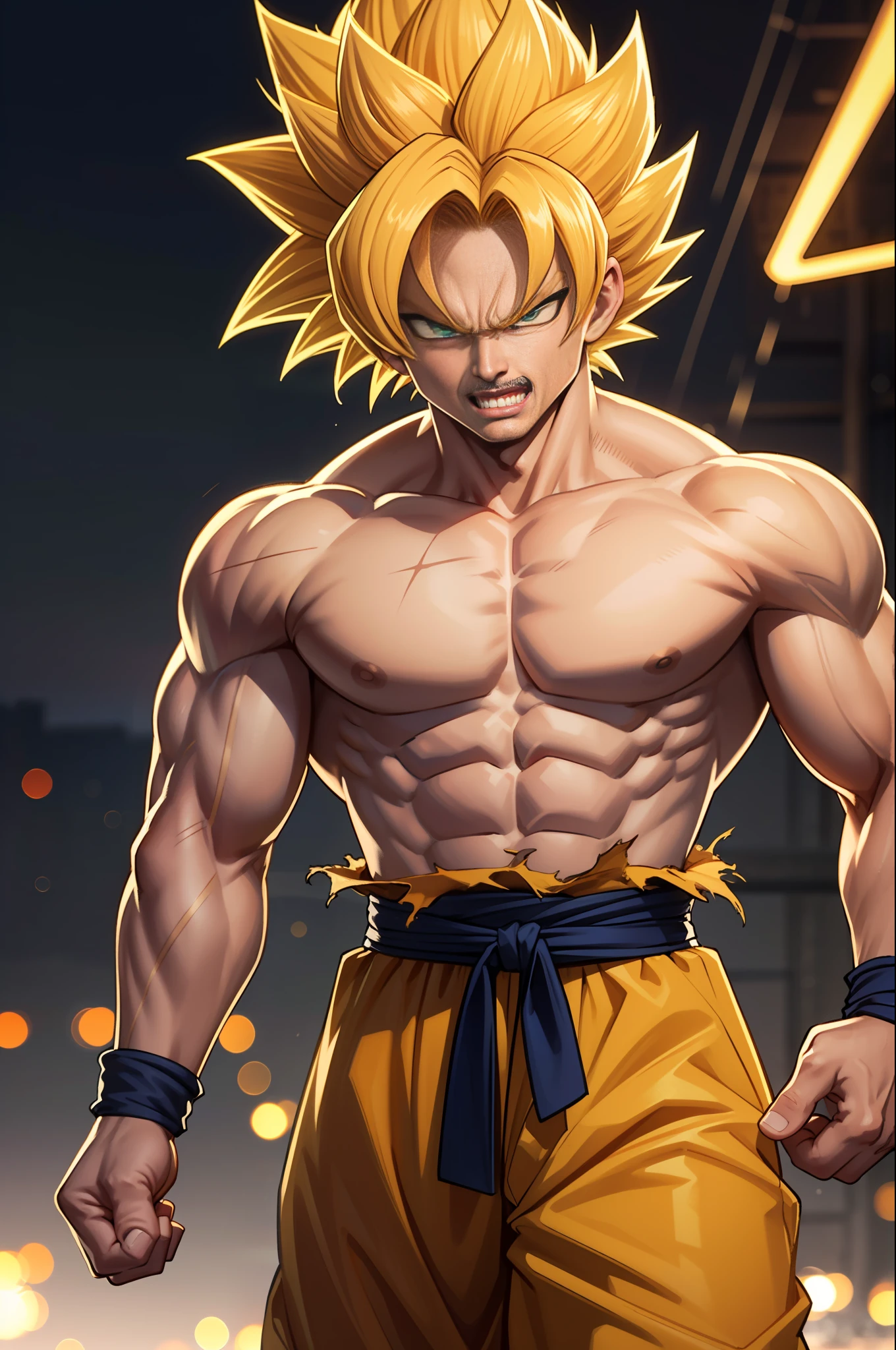 (masterpiece, best quality), intricate details, 8k, artstation, wallpaper, official art, splash art, storm in background, sharp focus, 1boy, (photorealistic:1.2) (bokeh) (best quality) (detailed skin:1.3) (intricate details) (8k) (detailed eyes) (sharp focus) a cat as son goku, angry, battle damage, blonde hair, blue sash, clenched teeth, furious, green eyes, male focus, muscular, muscular male, pectorals, sash, solo, spiked hair, super saiyan, super saiyan 1, teeth, topless male, torn clothes, wristband,