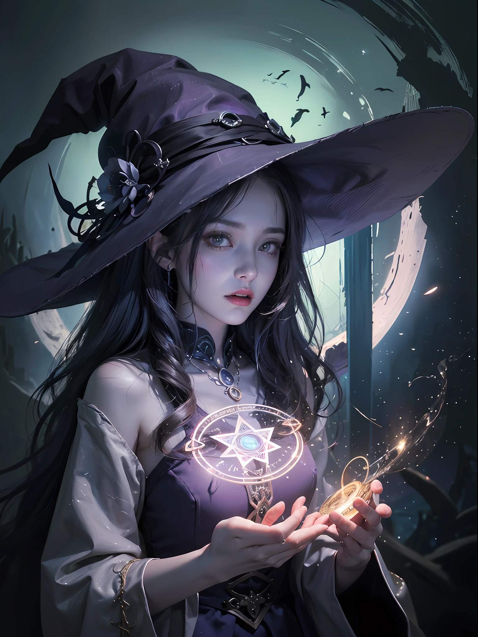 1girl, (witchcore, witchcraft, pagan, mystical, nature, occult) , magician, spell magic, magic circle, ((magic in hand)),(masterpiece, best quality:1.4),(absurdres, highres, ultra detailed:1.2),(using dark magic:1.4), imaginative overlays, artistic fusion,fantastical scenes, evocative narratives, striking visuals, upper body ，(((best quality))),(((ultra detailed))),(((masterpiece)))