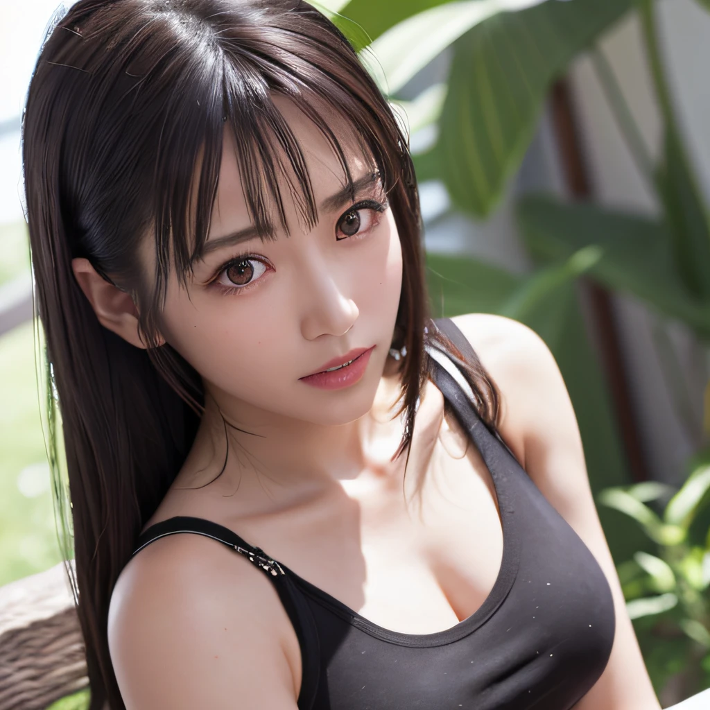 close-up,(photorealistic:1.4),best quality,realistic, masterpiece, an extremely delicate and beautiful, CG,extremely detailed ,highres, extremely detailed,depth of field, 1girl, tifa_lockhart,beautiful detailed girl,upper body, realistic,suspender_skirt, tank_top, taut_shirt, black_hair, long_hair, beautiful detailed red eyes, light on face,saika1