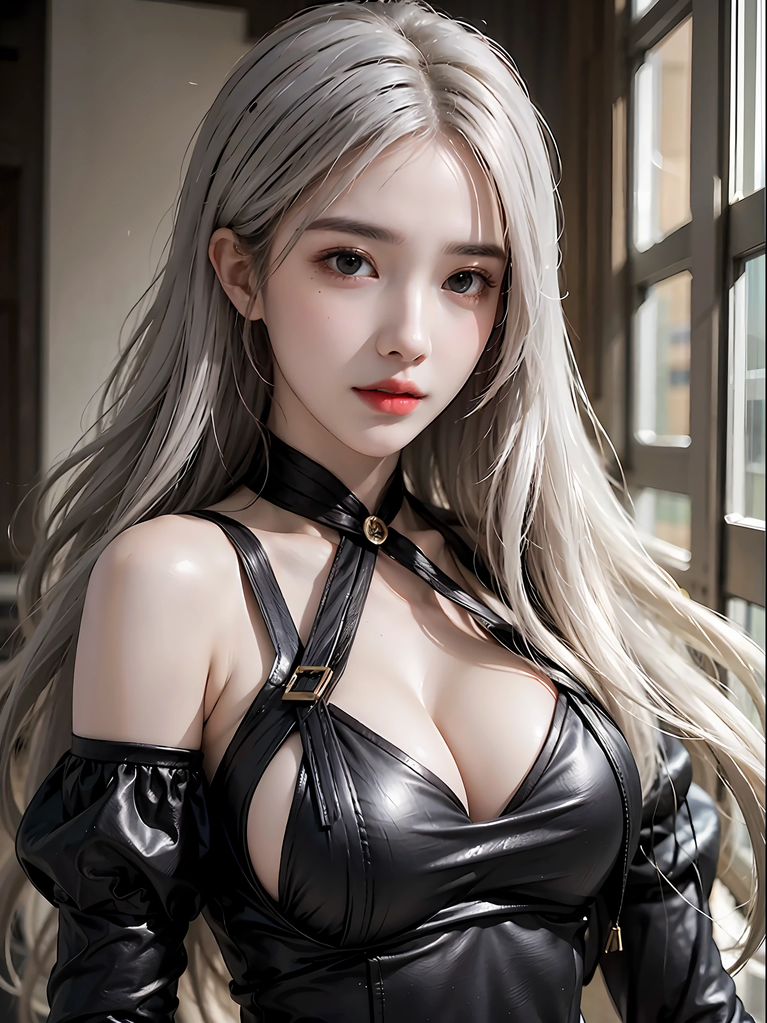 photorealistic, high resolution, 1 girl, white long hair, black eyes, normal breast, dress