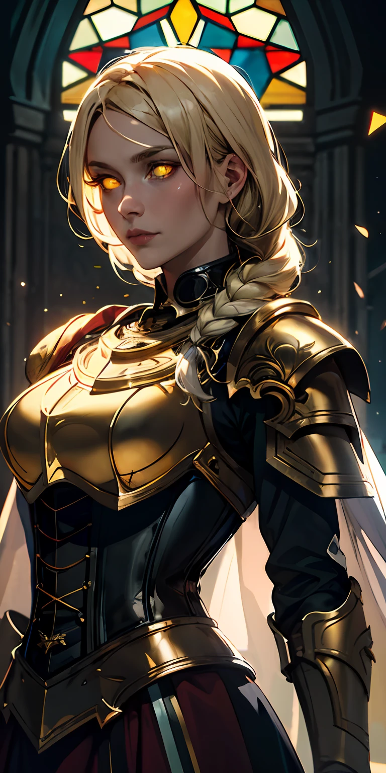 upper body of paladin lady in ornate golden armor, black collar, pauldrons, breastplate, corset, glowing halo, single braid, blonde, yellow glowing eyes, bright pupils, eye focus, red cape, temple indoors, stained glass windows, night, moonlight, particles, light beam, chromatic aberration