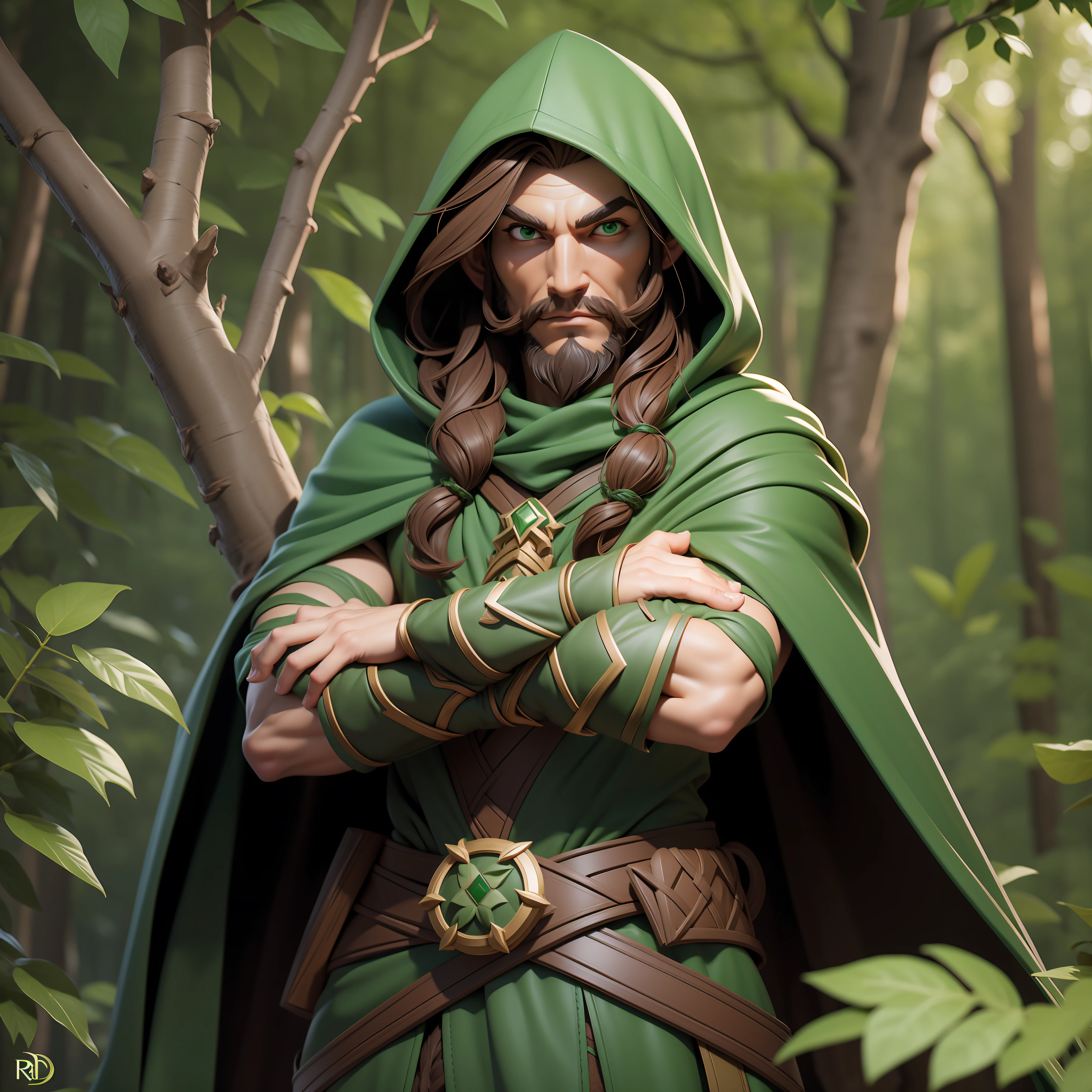 Style 3DMM, 3D, R3DG, (masterpiece), masterpiece, best quality, sarcastic male druid in the forest with arms crossed wearing brown hood brown hair green eyes and green cape