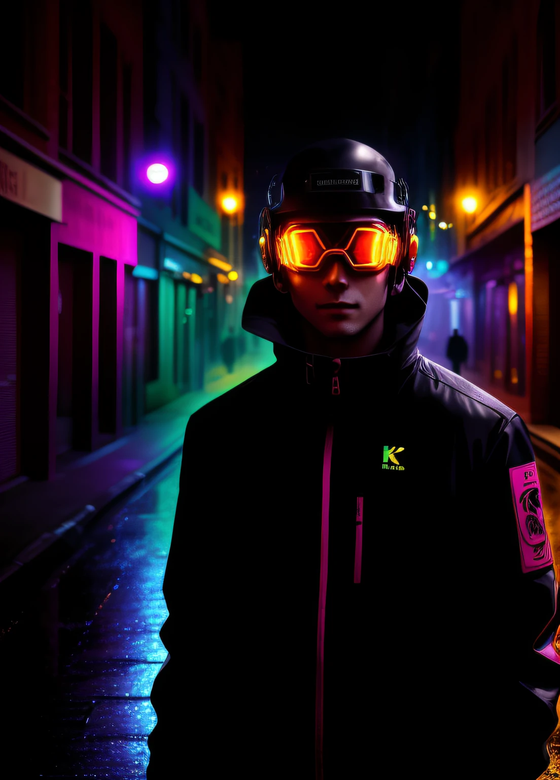 An award winning master piece photo of a cyborg man with psychedelic colors standing in a city street at night in the rain, wearing neon-colored glowing goggles, 8k, (high quality:1.1), (cinematic feeling:1.1), dark deep shadows, incredibly intricate detailing, art , (up close:1.1), from above, looking at viewer, (light sparkles:1.1), (chromatic aberration,:1.2) background with floating light artifacts