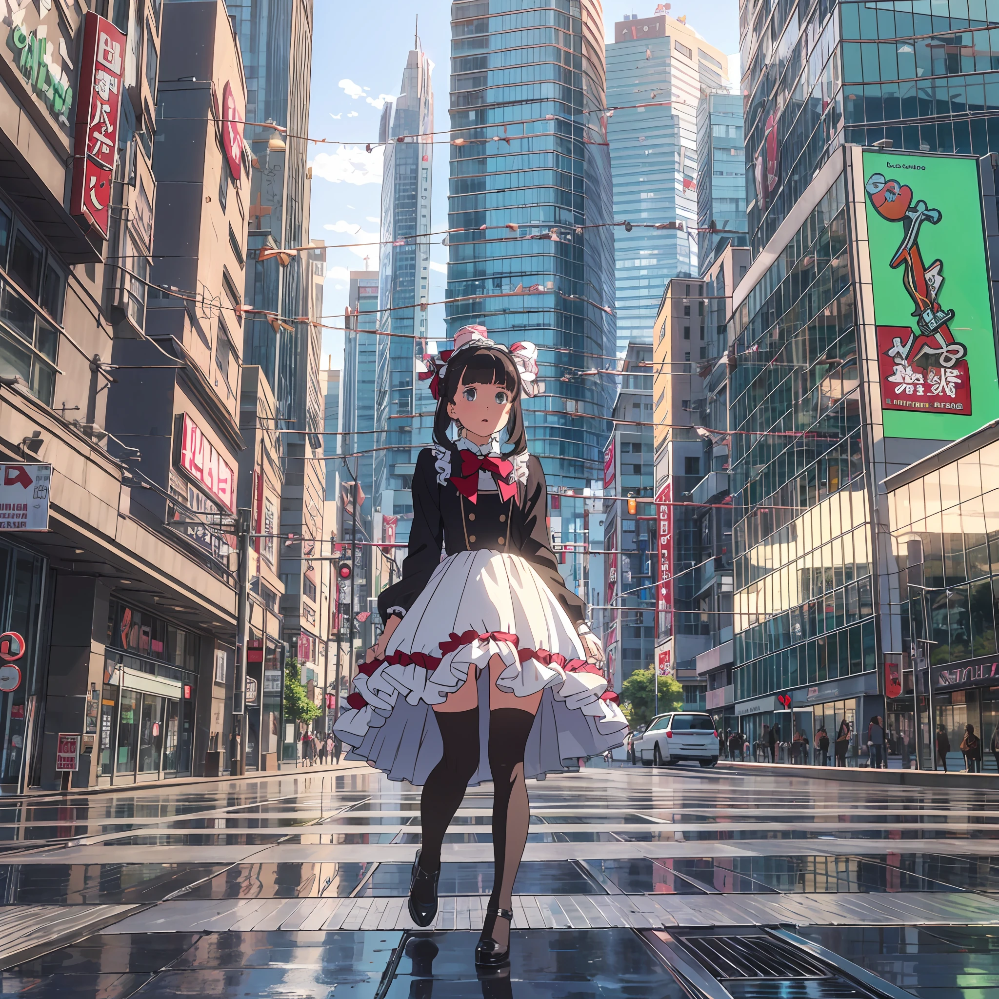 The huge ta girl sits in the middle of the city, blocking the way of pedestrians and is taller than a building --auto --s2