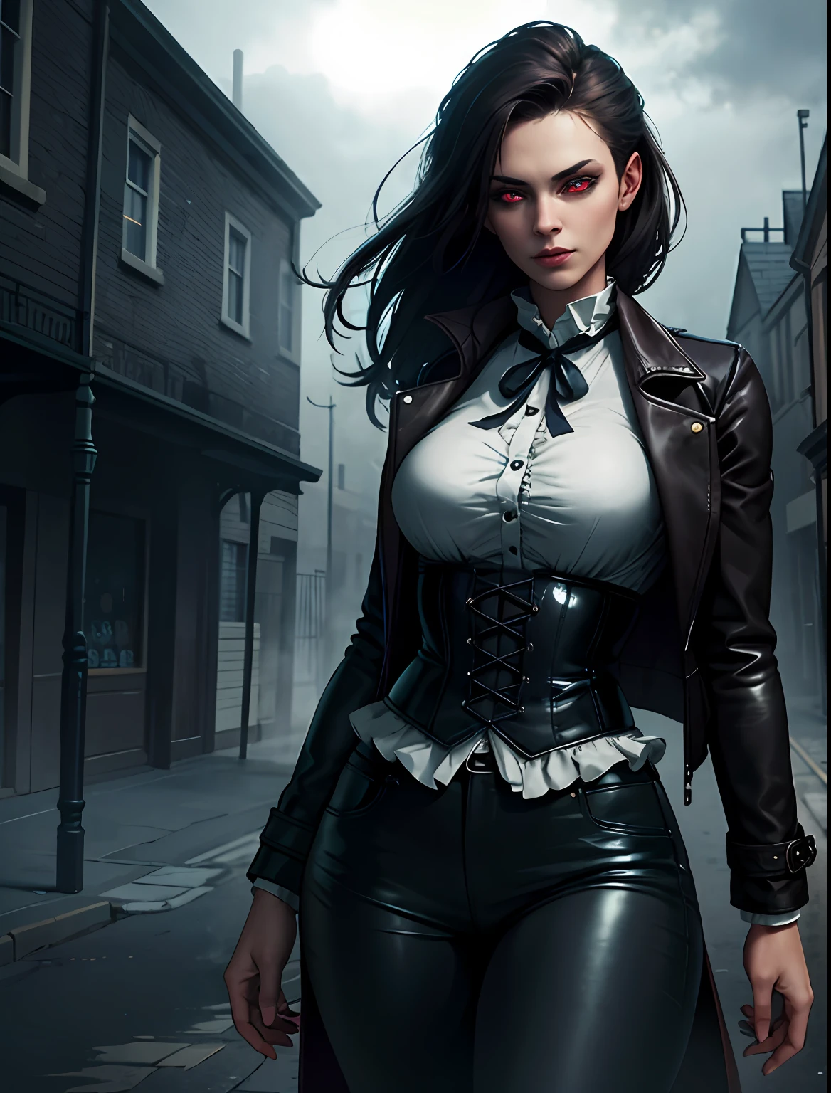 1girl, cowboy shot of woman, athletic, long leather coat, glowing eyes, victorian town outdoors, dark atmosphere, fog, mist, volumetric lighting, best quality, masterpiece