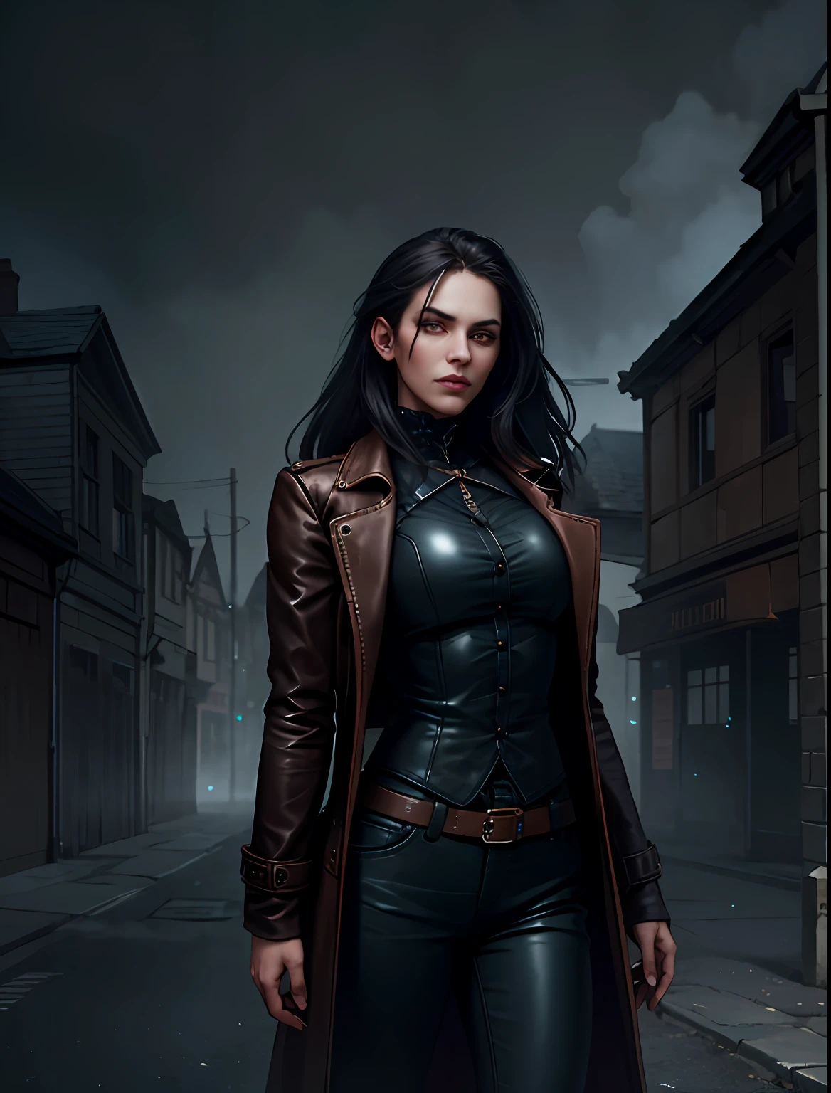1girl, cowboy shot of woman, athletic, long leather coat, glowing eyes, victorian town outdoors, dark atmosphere, fog, mist, volumetric lighting, best quality, masterpiece