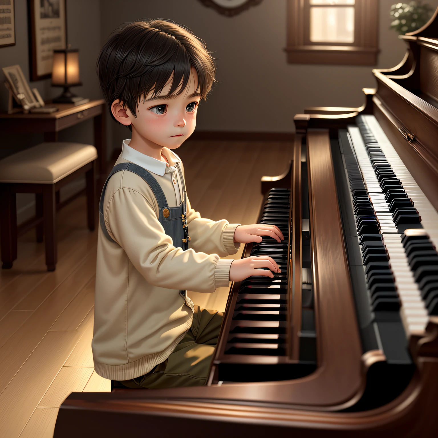 personagem boy, cute, tocando piano, realista 3d