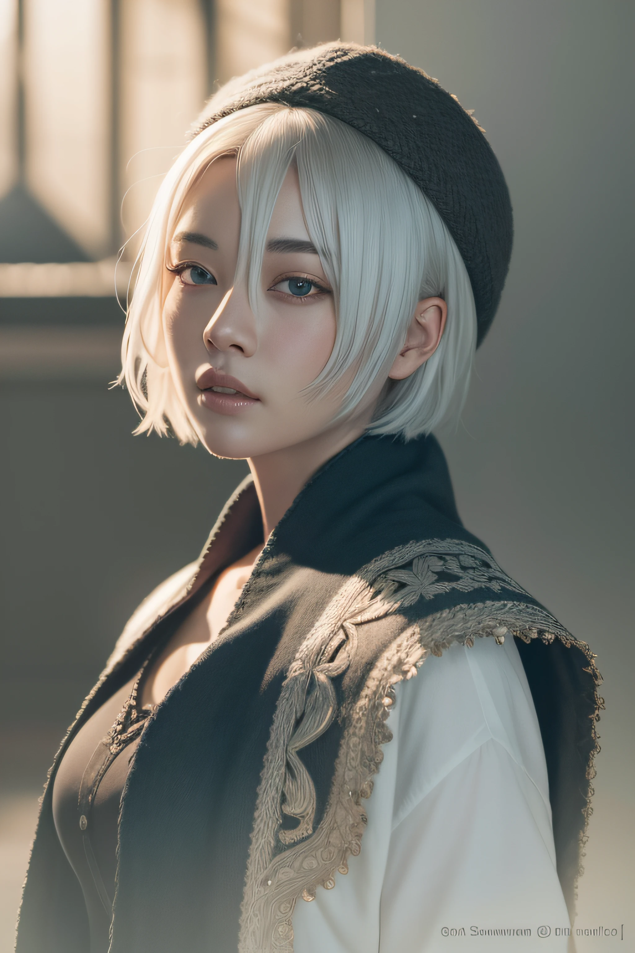 girl with short white hair, tattered grey cloak, asian rice hat, beautiful highly detailed face, beautiful painting by artgerm and greg rutkowski and raymond swanland