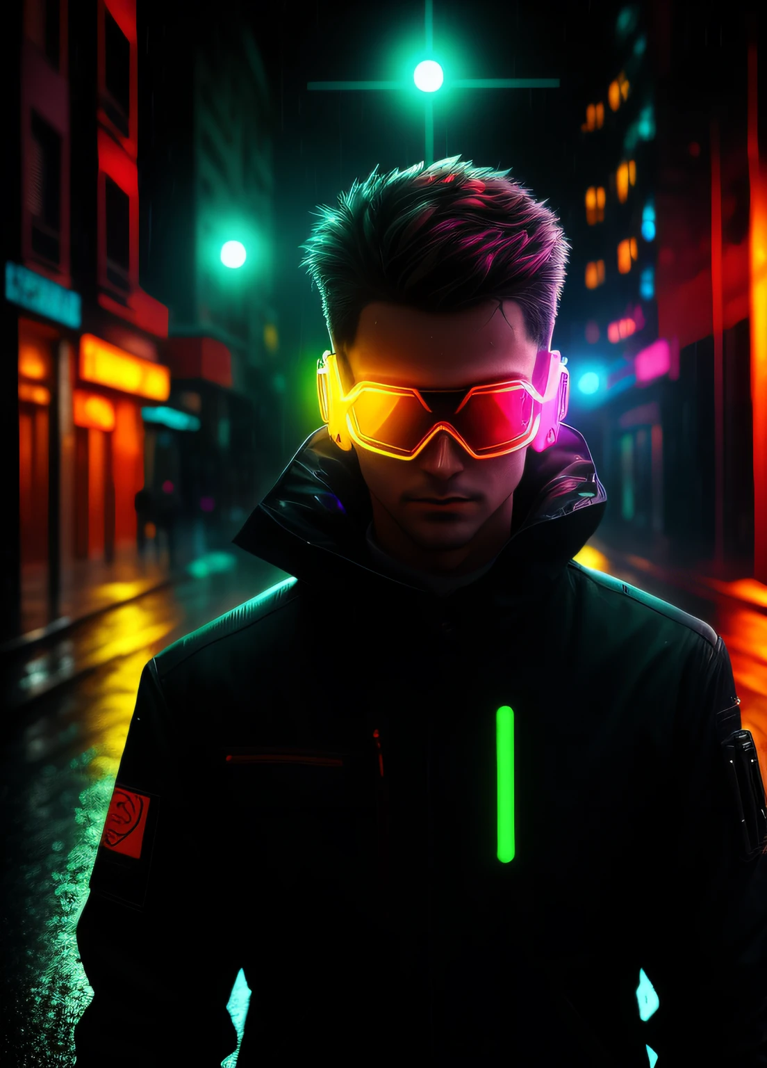 An award winning master piece photo of a cyborg man with psychedelic colors standing in a city street at night in the rain, wearing neon-colored glowing goggles, 8k, (high quality:1.1), (cinematic feeling:1.1), dark deep shadows, incredibly intricate detailing, art , (up close:1.1), from above, looking at viewer, (light sparkles:1.1), (chromatic aberration,:1.2) background with floating light artifacts