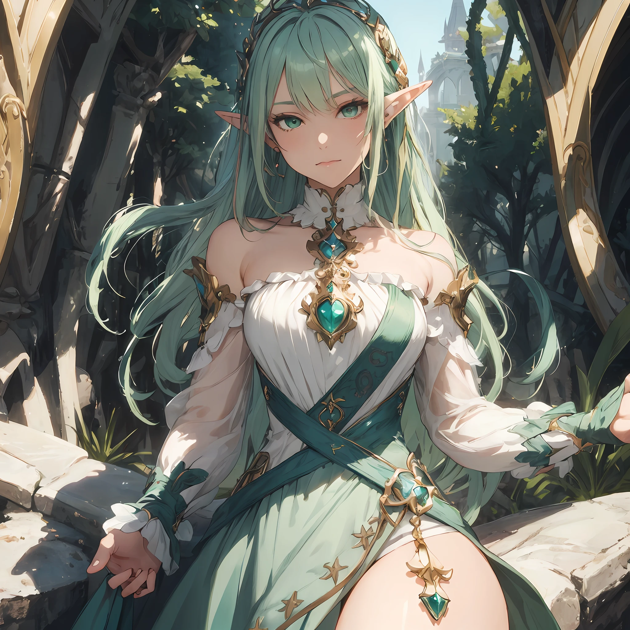 masterpiece, best quality, 1woman, adult, female focus, solo, two tone hair, unique blonde aqua hair, vibrant green eyes, looking at viewer, closed mouth, upper body, Fantasy aesthetics, Highly detailed, shadowverse style, elf dress