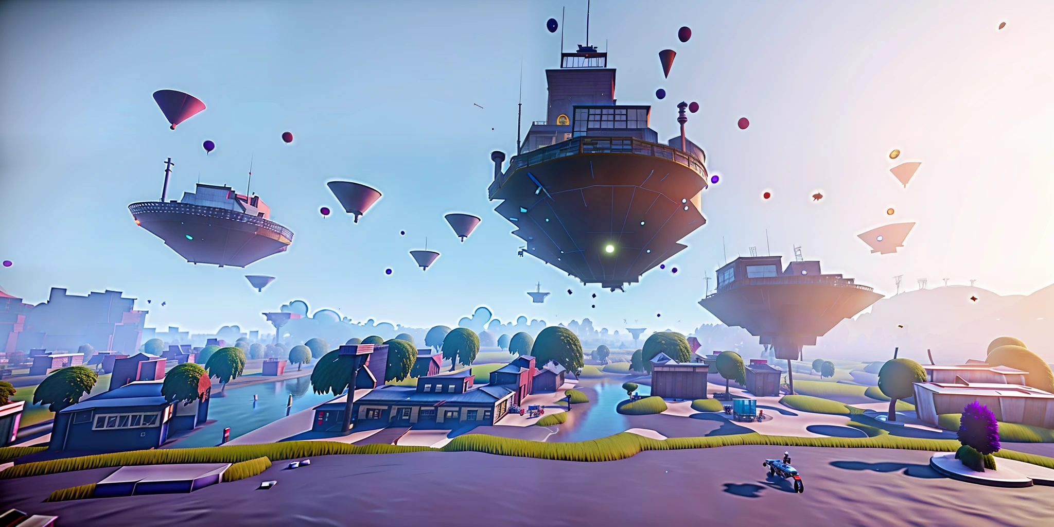 arafed image of a city with a bunch of flying objects, screenshot from fortnite, fornite game. octane render, flying ships in the background, realism in style of fornite game, satisfactory screenshot, fortnite art style, destructible environments, in the skin of fortnite, stardestroyer in the background, cinematic level shot, by John Luke, cinematic shot!