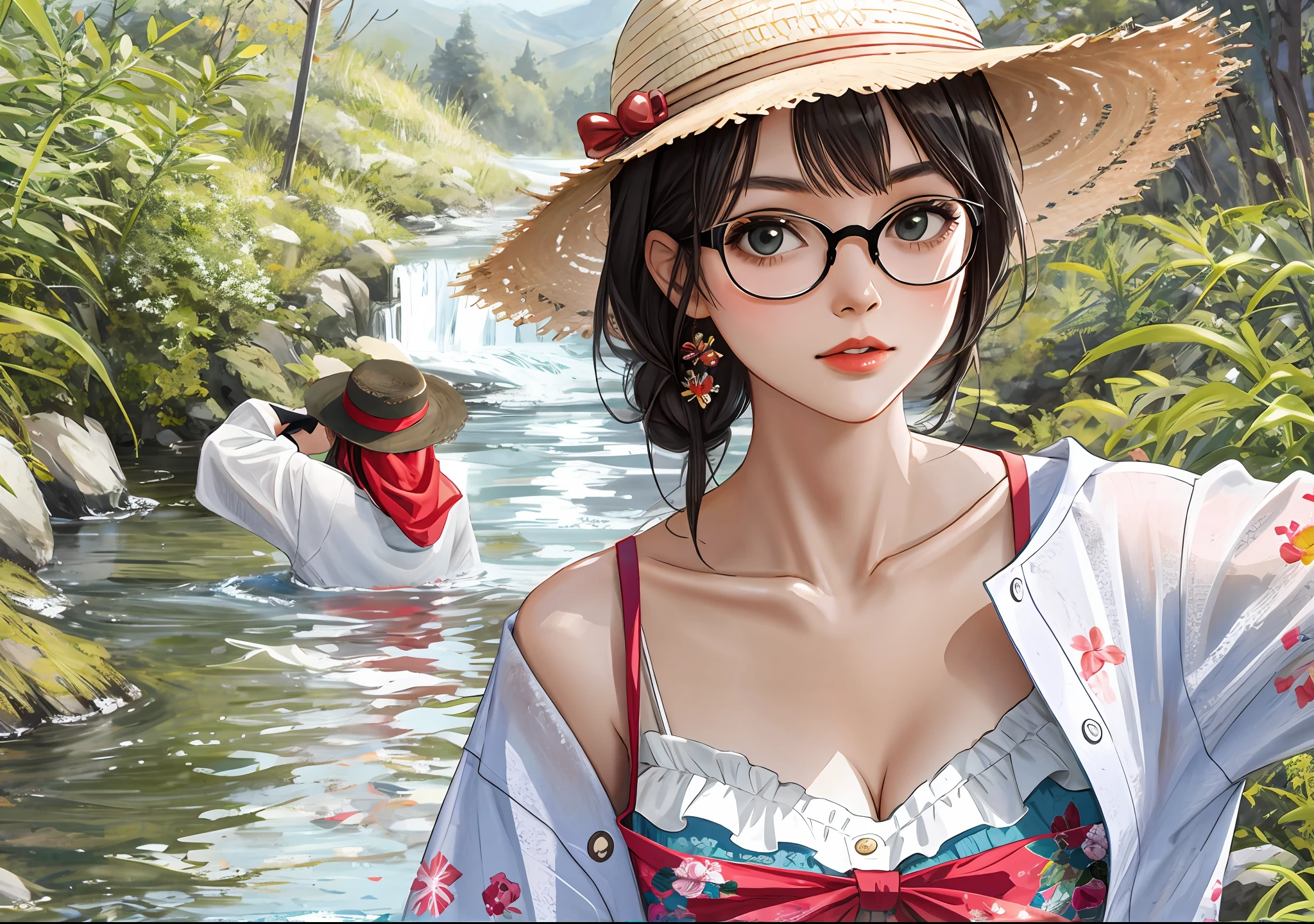 there is a woman wearing a hat and glasses standing in a stream,  with straw hat,