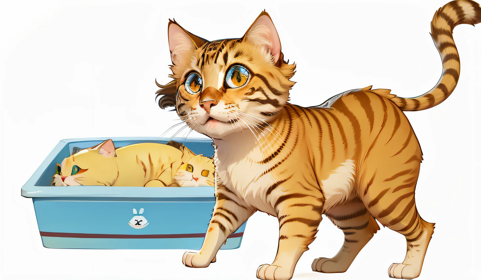 gatinho fofinho e alegre ao lada de uma caixa de areis, olhos e boca bem definidos, cartton --auto