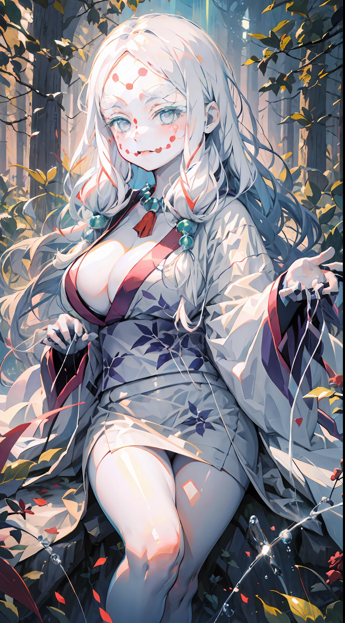 [(white background:1.5), ::5], masterpiece, best quality, MTSpiderV4, 1girl, solo, white skin, long hair, breasts, beads, japanese clothes, ((white kimono)), silk, stone, forest, aurora borealis, spider web,