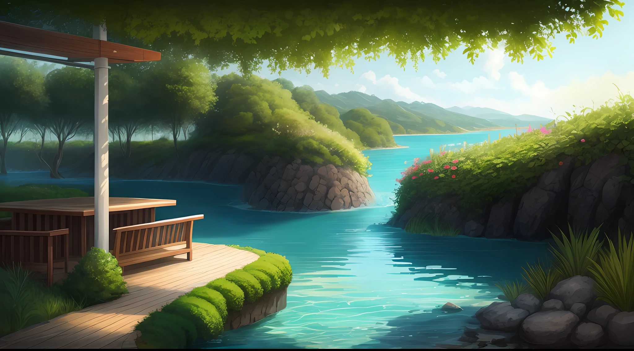 a small space of land surrounded by water, Arte Digital, intrincado, trend, cores vivas