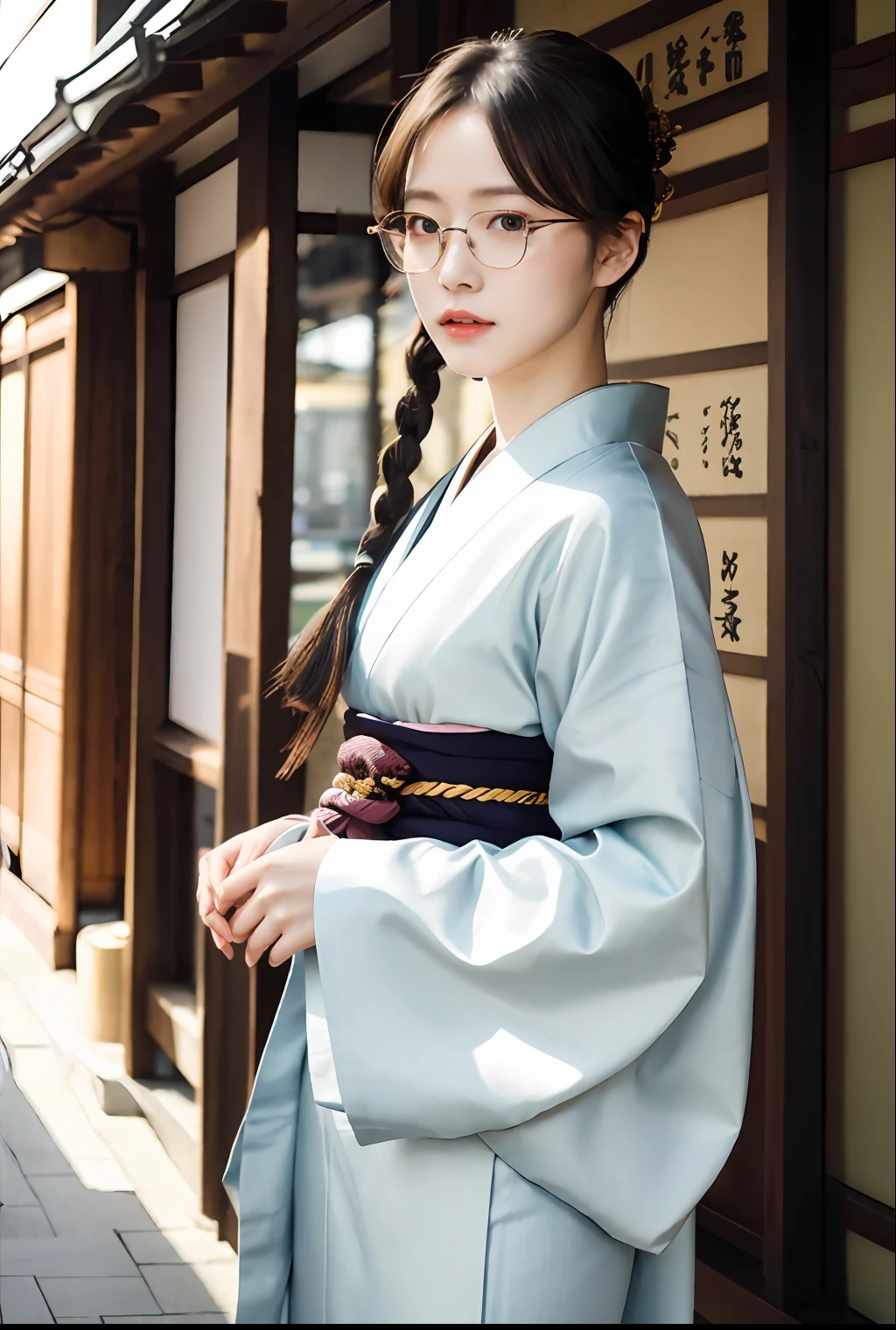 araffe woman in a blue kimono standing in front of a building, Hanfu, Palace ， a girl in hanfu, komono, with acient chinese clothes, wearing ancient Chinese clothing, pale and coloured kimono, traditional japanese, traditional Chinese clothing, Japanese-style, elegant japanese woman, white hanfu, japanese model, japanese kimono, Kimono