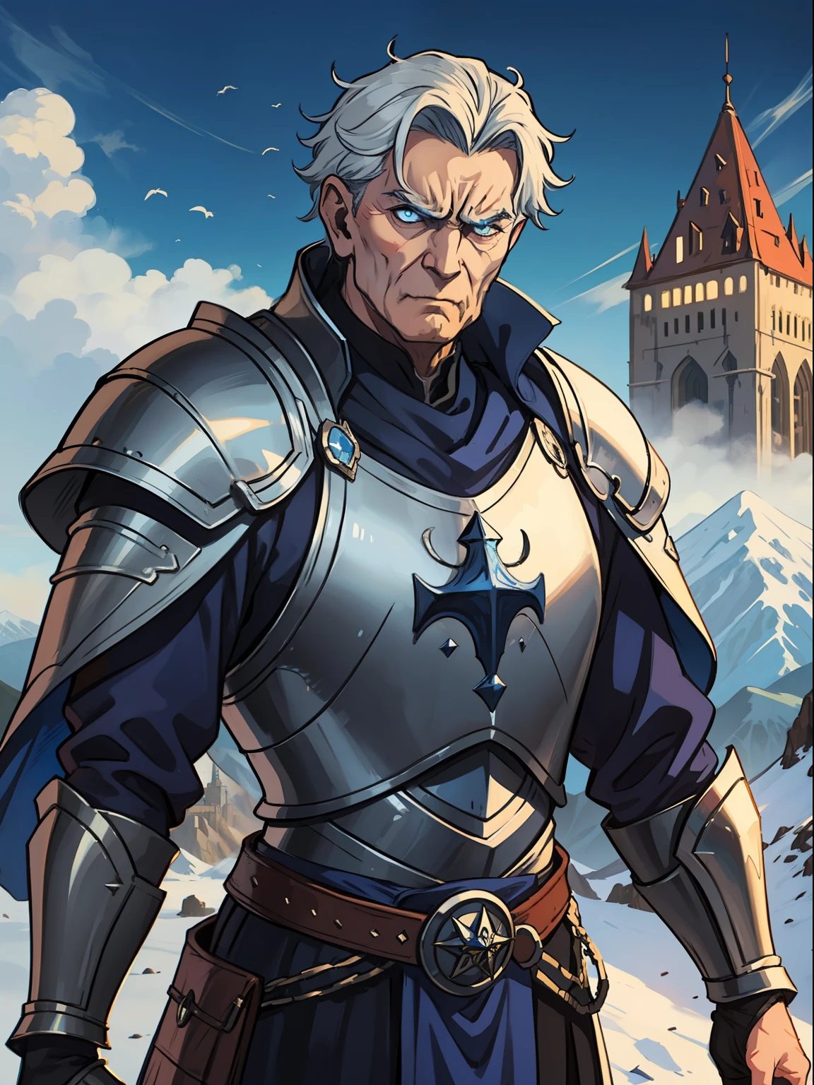 an old man wearing silver armor with blue details on fabric a royal armor this man has an evil face he is dark and unsympathetic he is the evil general of Targon in the background of the image a tower on the top of the mountain on the horizon character for medieval rpg