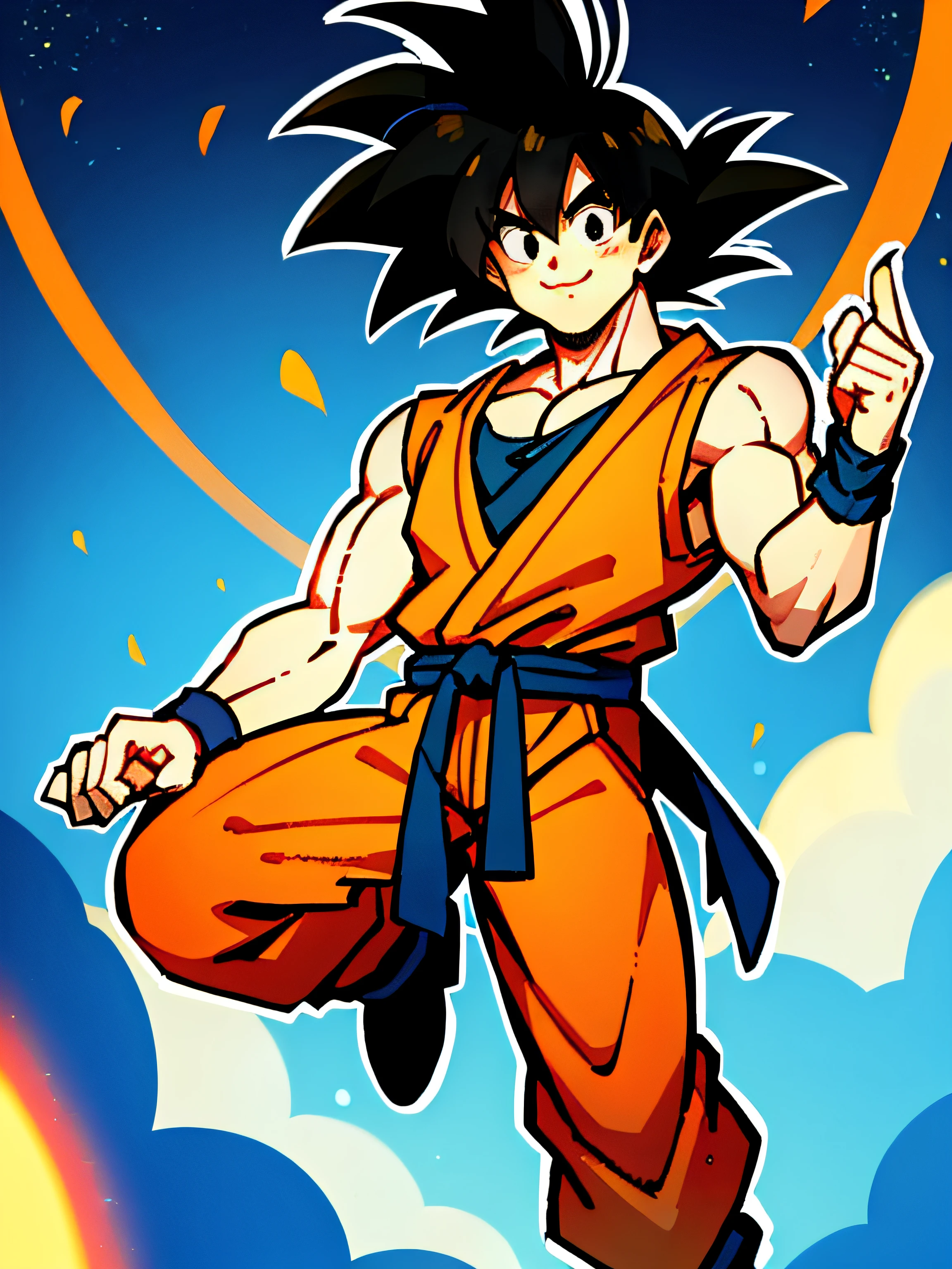 son goku,chiikawa\(a\), :3, full body,backlighting, black eyes, black hair, blue wristband, closed mouth, dougi, hair strand, hands up, light particles, looking at viewer, male focus, muscular, muscular male, pectorals, smile, solo, spiked hair, upper body, wristband, orange and blue gi, ((masterpiece)) ,