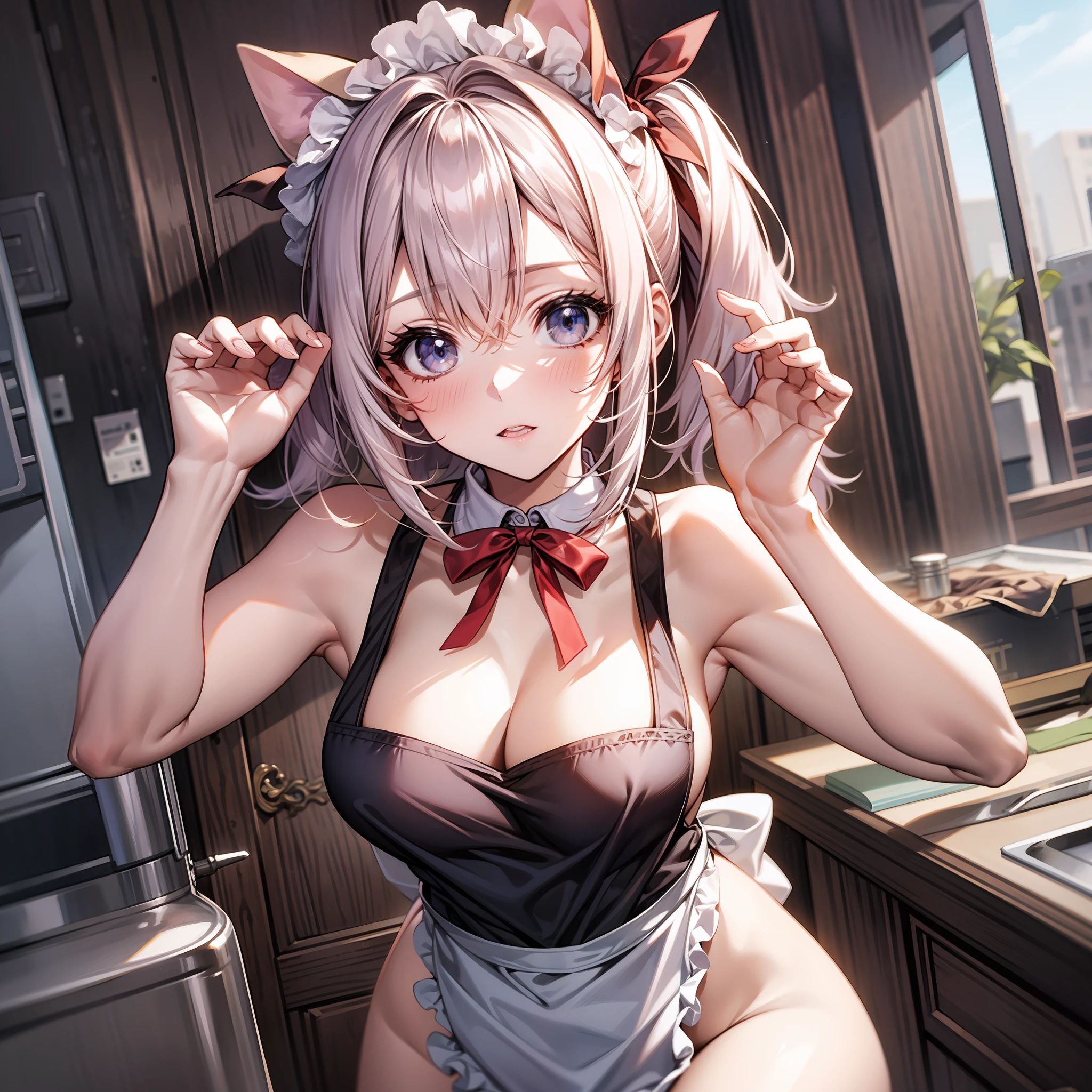 Naked apron、Transverse breasts、No bra、Teleface、ponie tail、Large ribbon