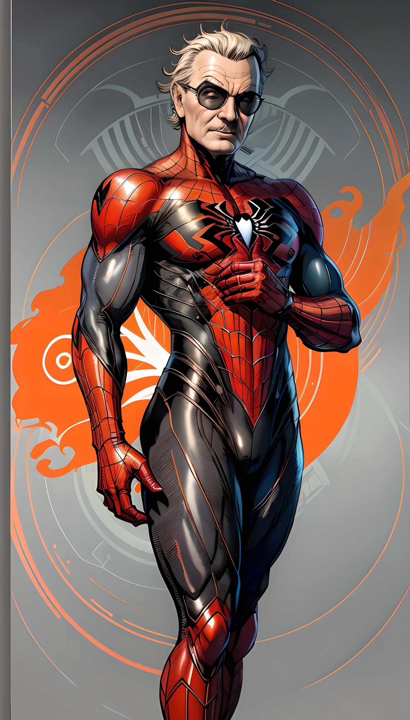 aranha - homem em um terno vermelho e preto com um fundo vermelho e branco, Estilo futurista Homem-Aranha, Armadura Samurai Completa Homem-Aranha, Retrato do Homem-Aranha, Aranha altamente detalhada - Man, Iconic character of high detail, arte de quadrinhos de alto detalhe, inspirado em Ryan Stegman, Arte Marvel, Directed by: Eddie Mendoza, super hero art, Homem-Aranha como Stan Lee