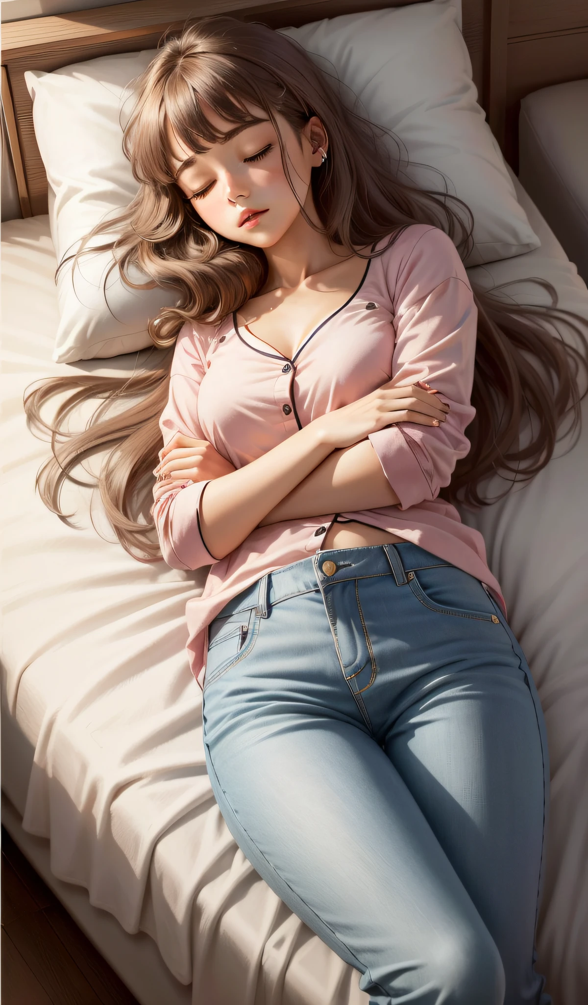 Sleeping girl, 22 years old, realistic, she is wearing long pants, she is wearing pink pajama, brown hair.