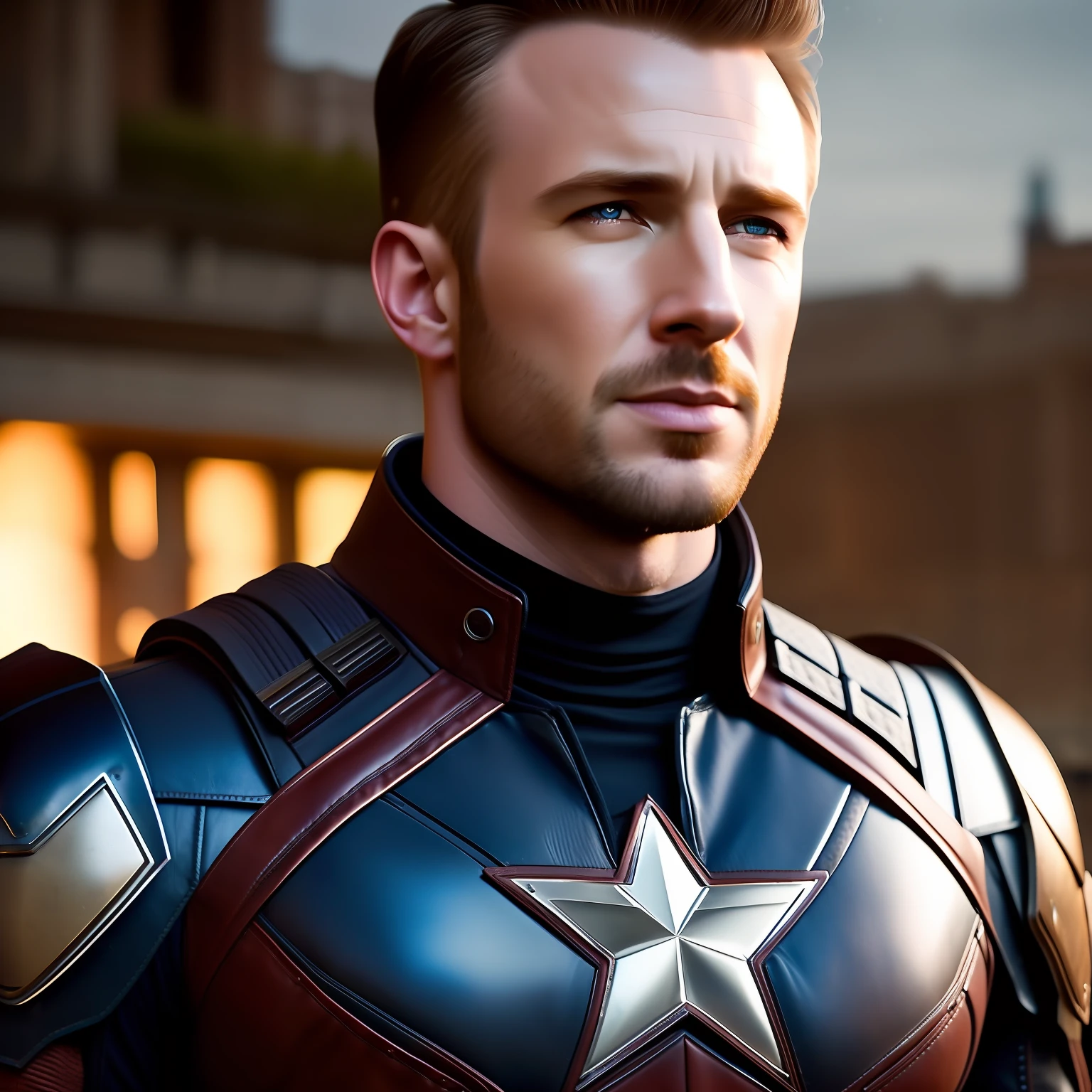 Chris Evans as Steve Rogers / Captain America, natural facial expressions, beautiful, dramatic, dashing, award-winning hairstyle, is a true masterpiece of masculine beauty, the face as in the movie, perfecting the anatomical perfection of a man standing tall in an abandoned city. The studio lighting highlights the film-like armor which adds to his confidence. The scenery is lush and mysterious, with the dark city and its surroundings. The camera details everything. When looking into beautiful eyes, there are eyes that will attract people. His gaze is on the viewer, you can clearly see every small detail, every perfect line, every beautiful leather detail with 8K quality, people are captivated by the confidence radiating from each eye. His head is framed with brown blonde hair and his face is drawn in meticulous detail using 8K quality images.