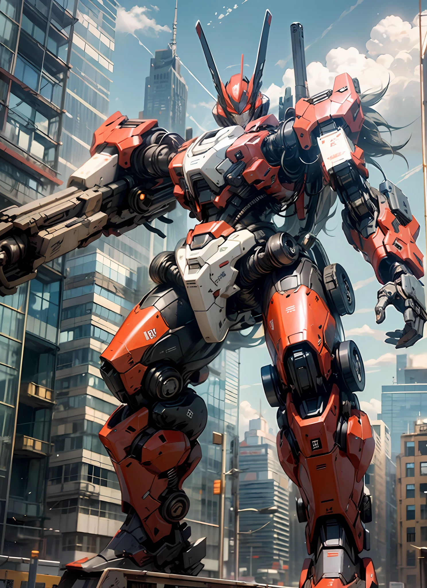 masterpiece, best quality, sky, cloud, holding_weapon, glowing, robot, building, glowing_eyes, mecha, science_fiction, city, realistic,mecha, red color, full body, looking into the distance, 4k quality , realistic details, mech details, reflective details --s2