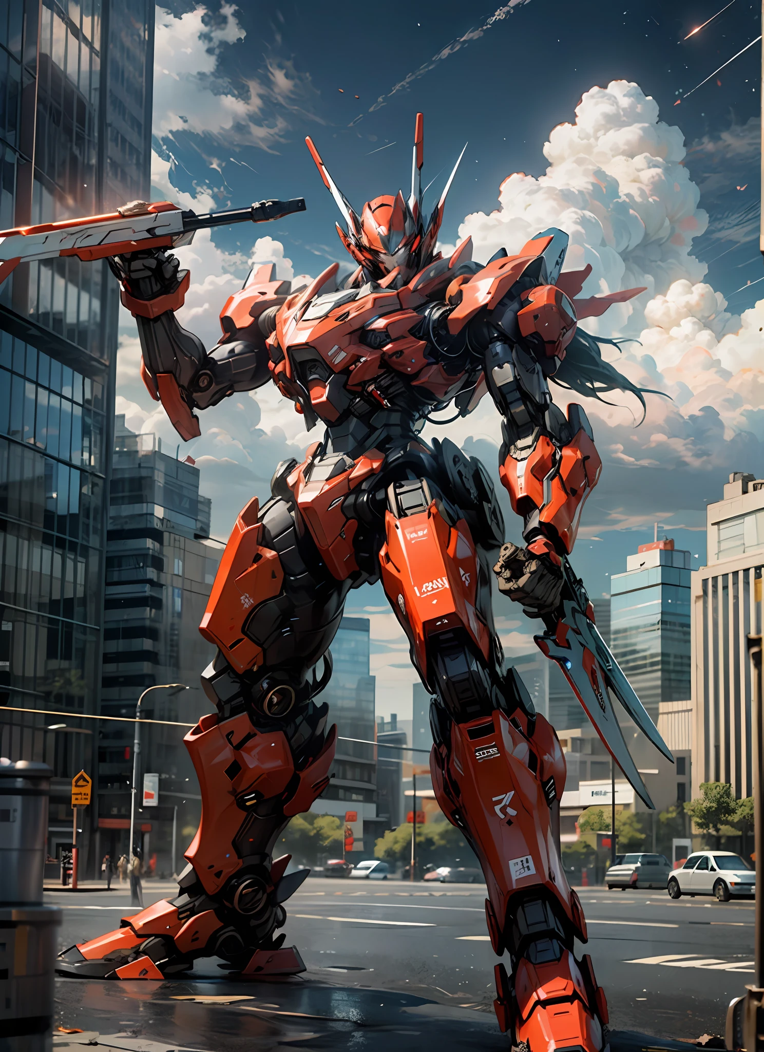masterpiece, best quality, sky, cloud, holding_weapon, glowing, robot, building, glowing_eyes, mecha, science_fiction, city, realistic,mecha, red color, full body, looking into the distance, --s2