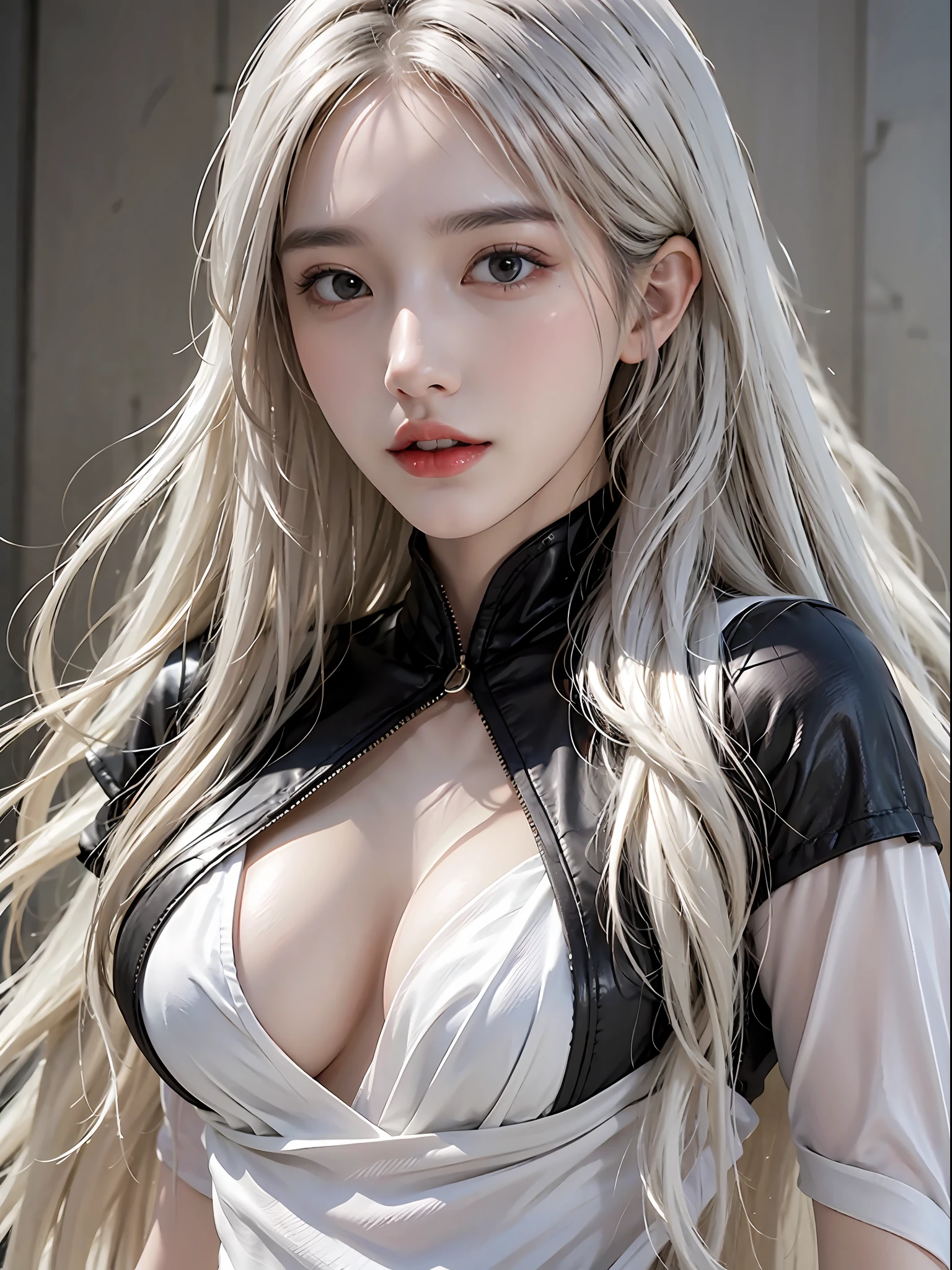 photorealistic, high resolution, 1 girl, white long hair, black eyes, normal breast, dress