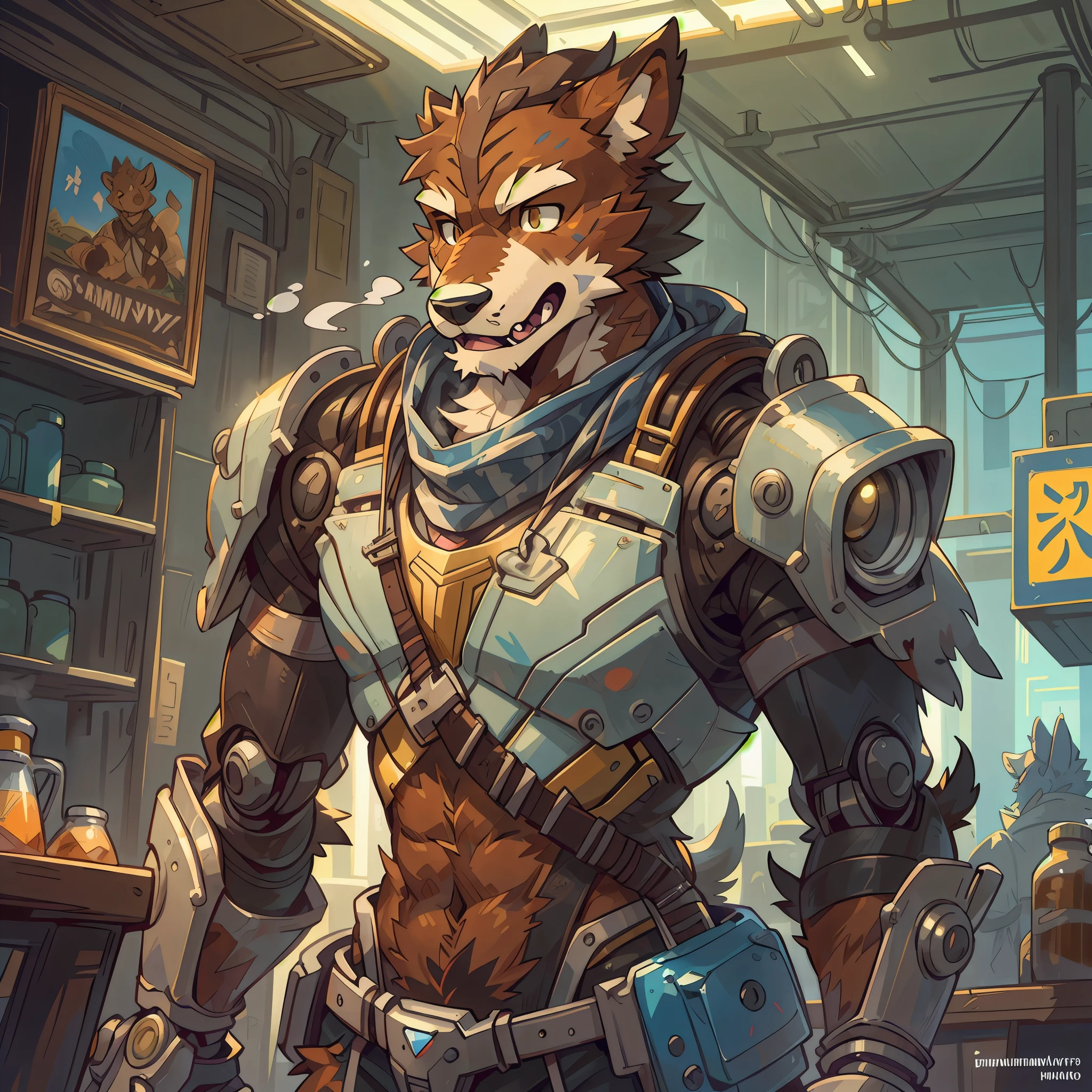 top quality, High-quality illustrations by Johannes Vermeer, masterpiece, Dark_Fantasy, Cyberpunk, steam punk(super handsome boy, single, kemono)Mechanical marvel, Robotic presence, Cybernetic guardian, wearing a worn-out mech suit, intricate(steel metal, rusty)(furry anthro:1.7)(Furry body, dog facial features, dog body features)elegant, clear focus, shot by greg rutkowski, soft lighting, vibrant colors, masterpiece((street))cowboy shot, dynamic pose,