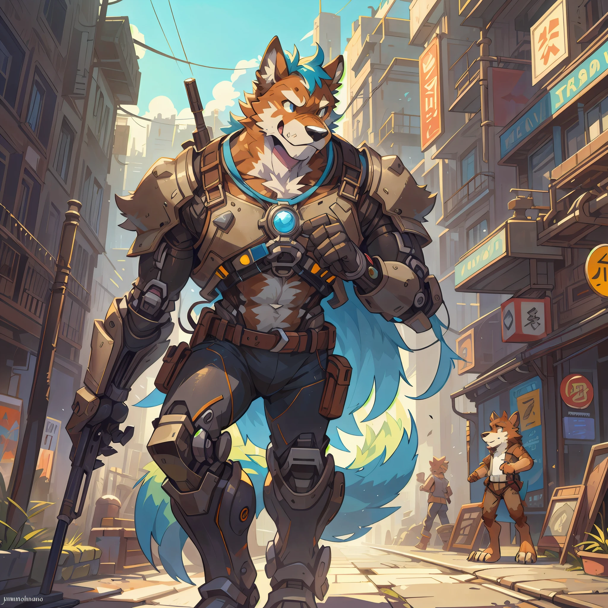 top quality, High-quality illustrations by Johannes Vermeer, masterpiece, Dark_Fantasy, Cyberpunk, steam punk(super handsome boy, single, kemono)Mechanical marvel, Robotic presence, Cybernetic guardian, wearing a worn-out mech suit, intricate(steel metal, rusty)(furry anthro:1.7)(Furry body, dog facial features, dog body features)elegant, clear focus, shot by greg rutkowski, soft lighting, vibrant colors, masterpiece((street))cowboy shot, dynamic pose,