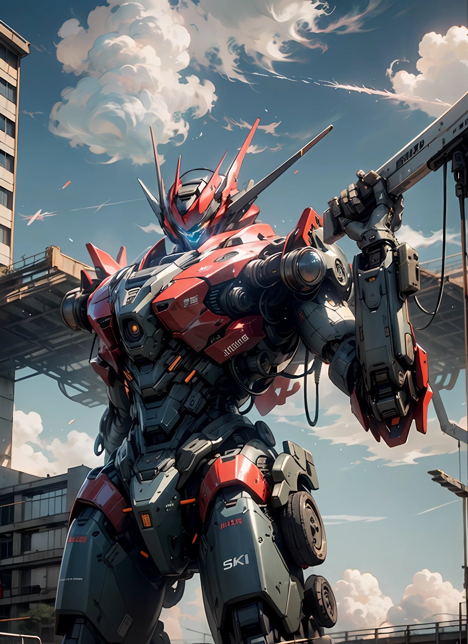 masterpiece, best quality, sky, cloud, holding_weapon, glowing, robot, building, glowing_eyes, mecha, science_fiction, city, realistic,mecha, red color, full body, looking into the distance, 4k quality , realistic details, mech details, reflective details --s2